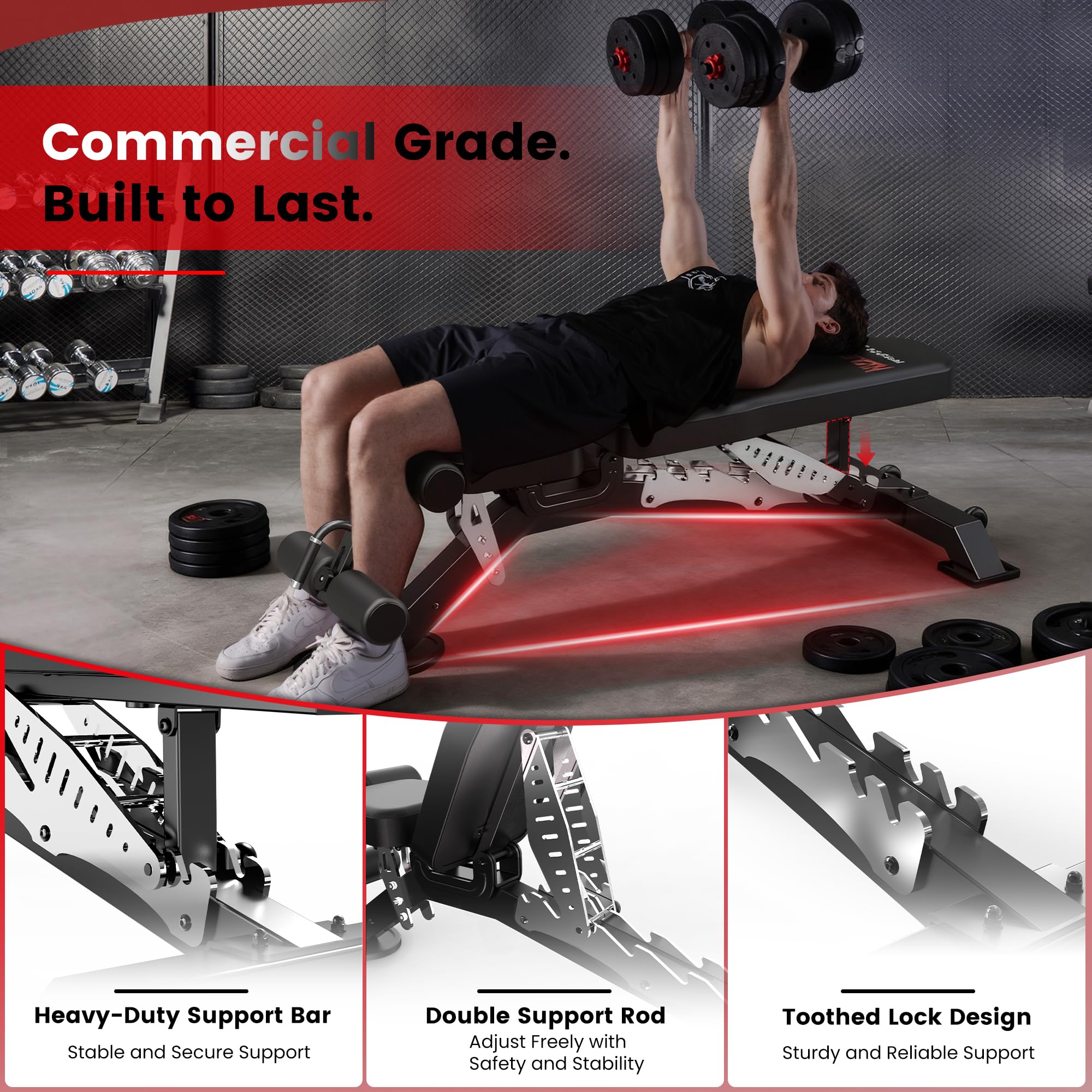 Adjustable Weight Bench, 1800LBS Heavy Duty Workout Bench for Home Gym | Commercial Strength Training Bench with Removable Leg Holder, Supports Full Body Workouts with Flat Incline Decline Sit Up