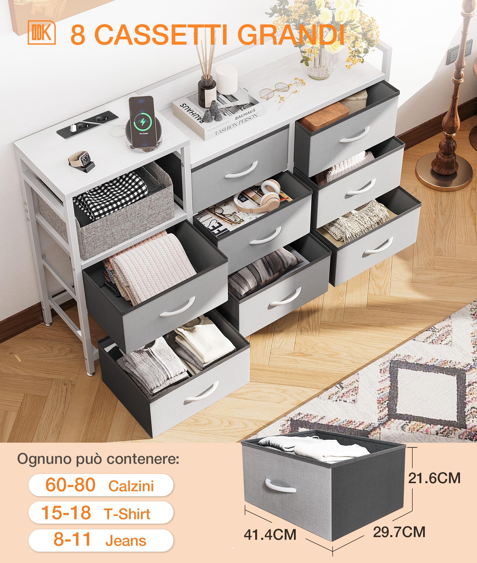ODK Comoda Dormitorio, 2 Puertos USB y 2 AC, Cajonera Multifuncional para Dormitorio y Salón - Aparador Estable y Duradero, 132 x 30 x 88 cm, Blanco