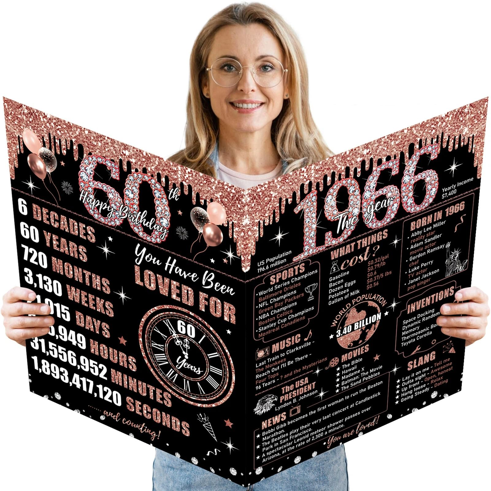 Uiorgui Large 60th Birthday Card for Women with Envelope, Black Rose Gold Happy 60th Birthday Guest Book Gifts Jumbo Sixty Greeting Card Back in 1965