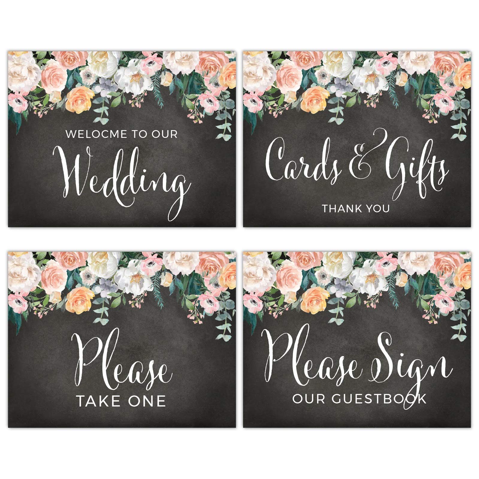 Andaz Press Unframed Wedding Party Signs, 8.5x11-inch, Peach Chalkboard Floral Garden Party, Welcome to Our Wedding, Cards and Gifts, Please Take One Favors, Please Sign Guestbook, 4-Pack
