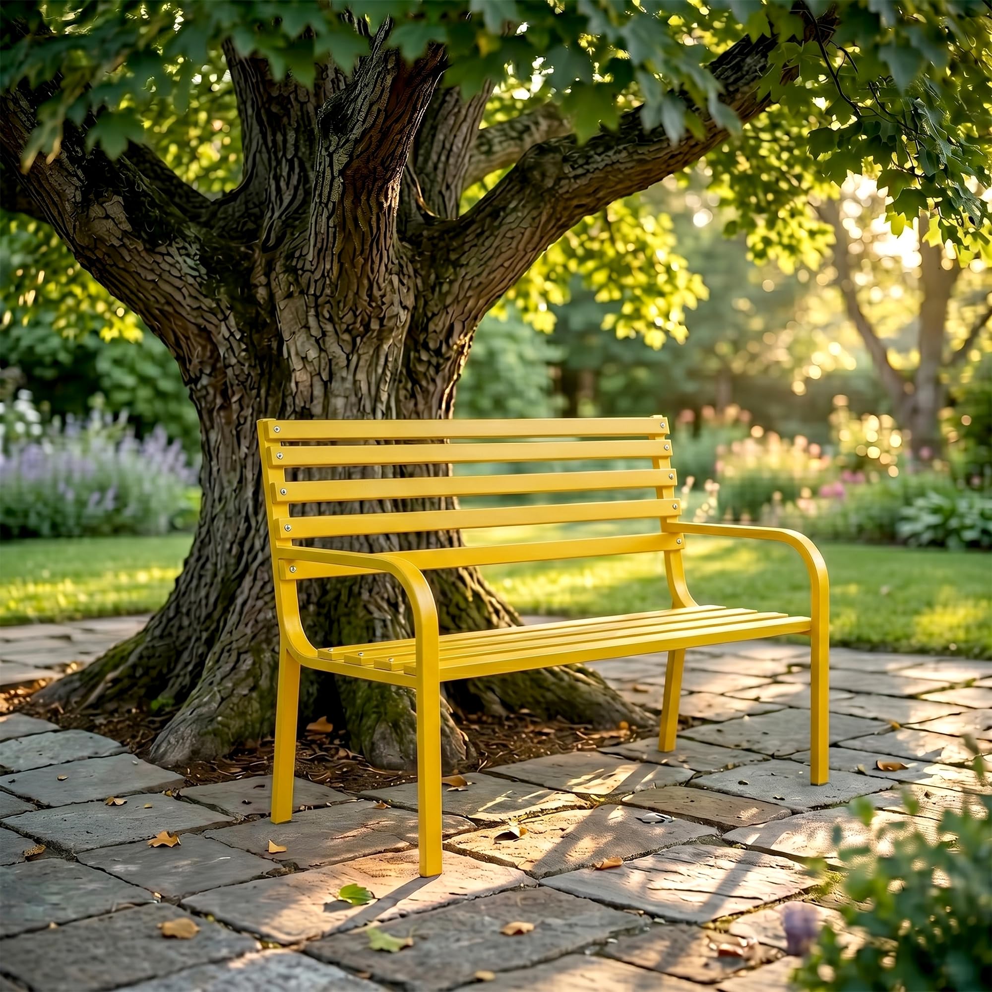 OUTLIVING Metal 2 Seater Bench for Garden Outdoor Seating Bench for Terrace Home (Yellow)
