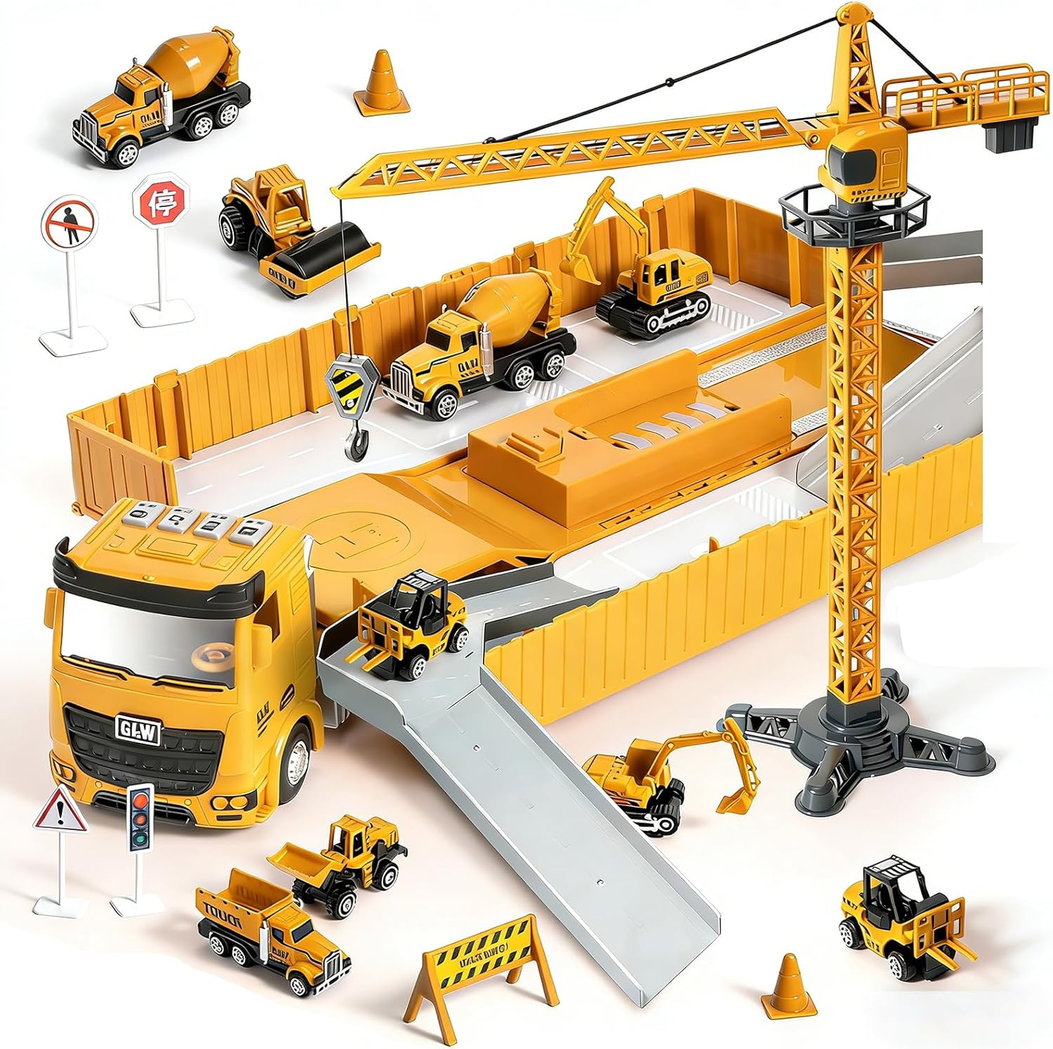 Construction Trucks Toy Set – Alloy Inertia Driving 1:40 & 1:55 Simulation Model Toys, Including Forklifts, Wheel Loader, Road Rollers, Bulldozer, and High Cranes with Scenario Accessories