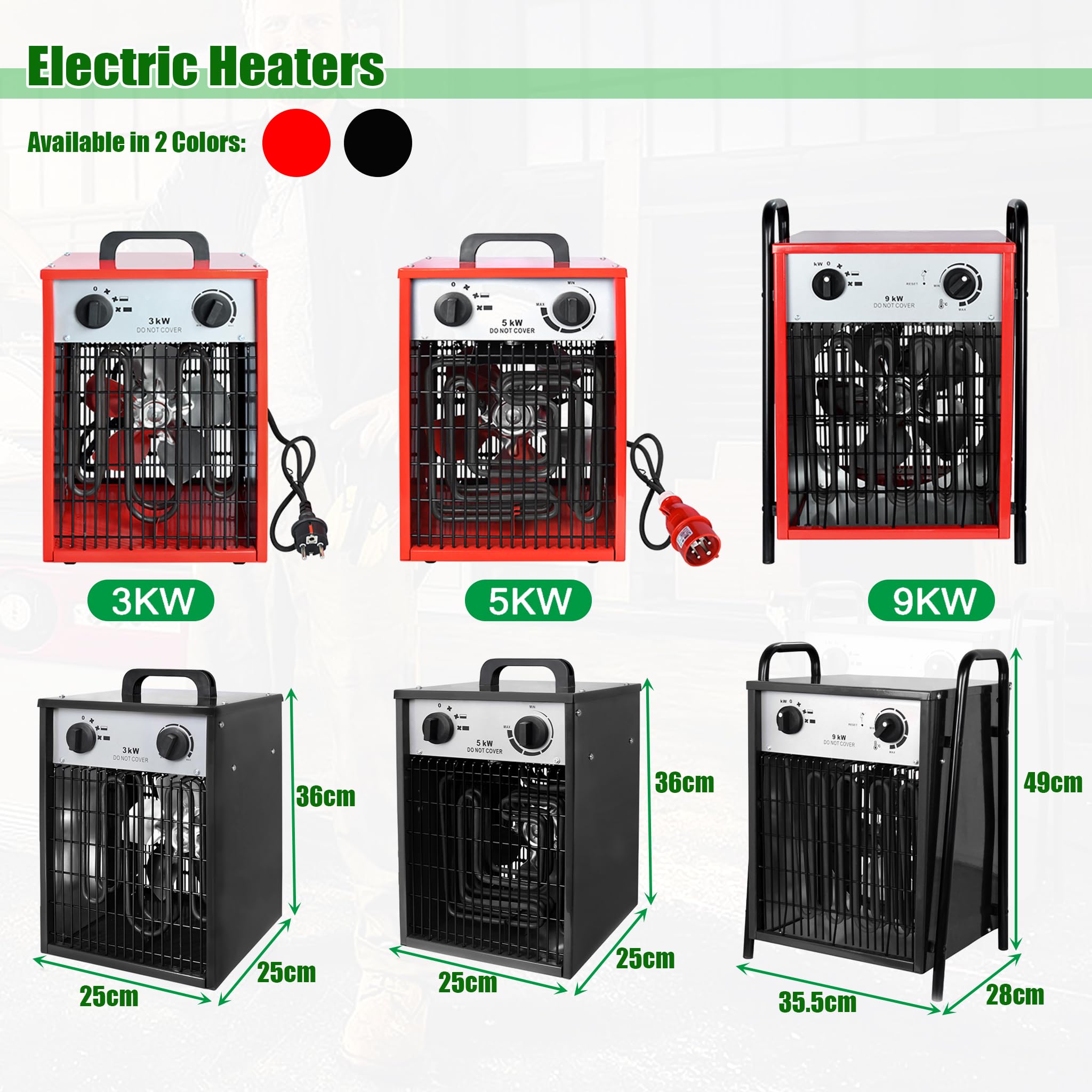 Elektryczny grzejnik 5 kW, termowentylator z 4 regulowanymi poziomami ogrzewania, ochrona przed przeciążeniem, grzejnik elektryczny, przenośny grzejnik elektryczny, wentylator z uchwytem