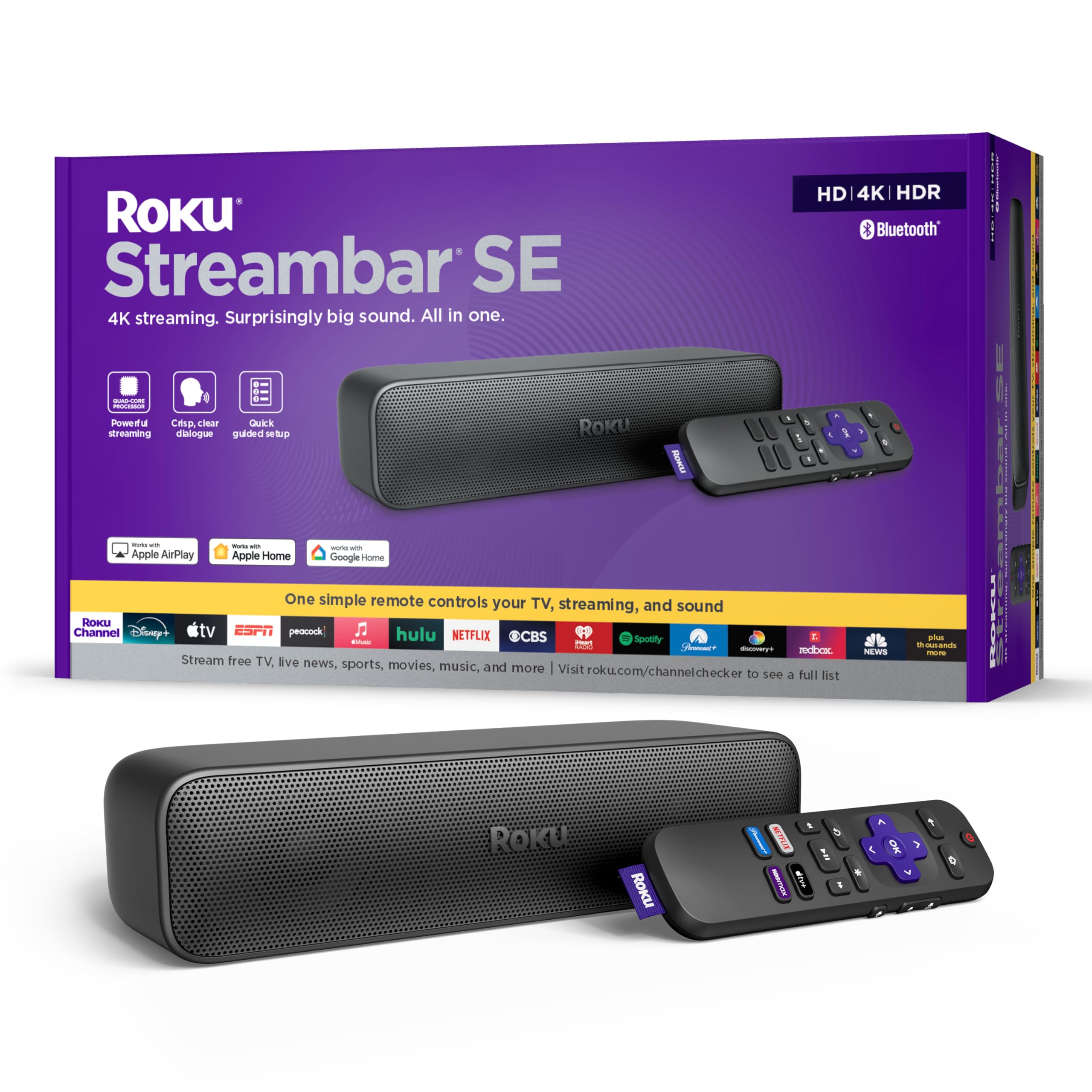 Roku Streambar SE | 2-in-1 TV Soundbar with Built-in 4K/HD/HDR Streaming, Premium Speakers, & Enhanced Speech Clarity for Crisp, Clear Dialogue - Quick Guided Simple Setup without Wireless Bass