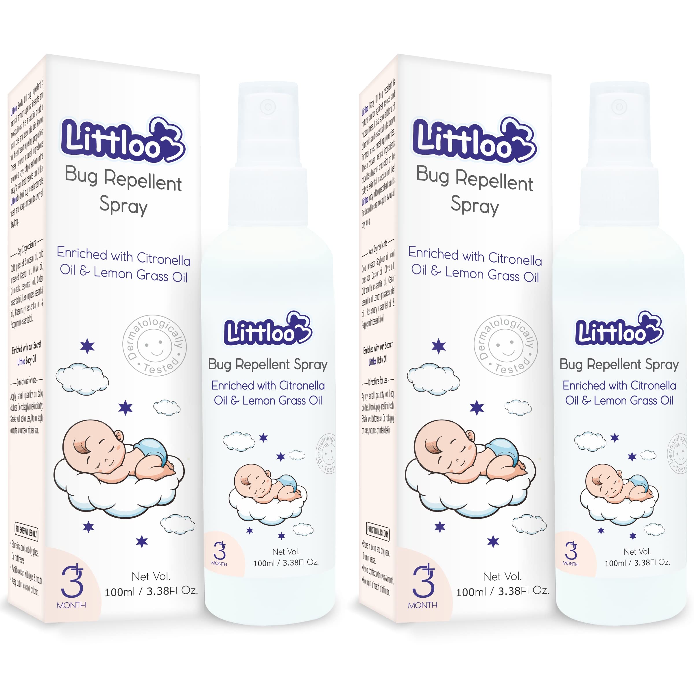 Littloo Bug Repellent Spray Enriched with Natural Citronella Oil & Lemon Grass Oil for Long Lasting Indoor Outdoor Protection from Insects & Mosquitoes For Kids No Harmful Chemicals -100 ML-Pack of 2