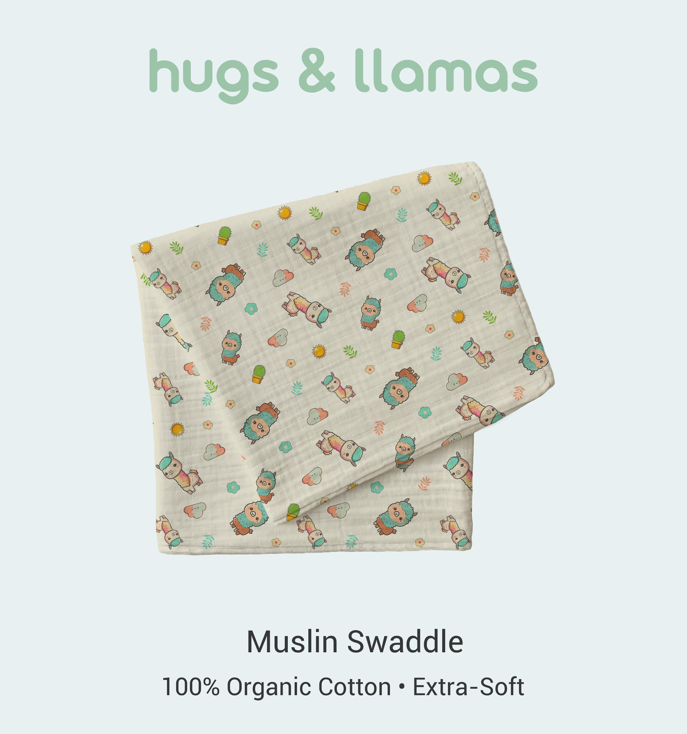 hugs & llamas Mantas de muselina de algodón 100 % orgánico, manta unisex para envolver, extra suave, para recién nacidos y bebés, lavable a máquina, 47 x 47 pulgadas (llama cariñosa)