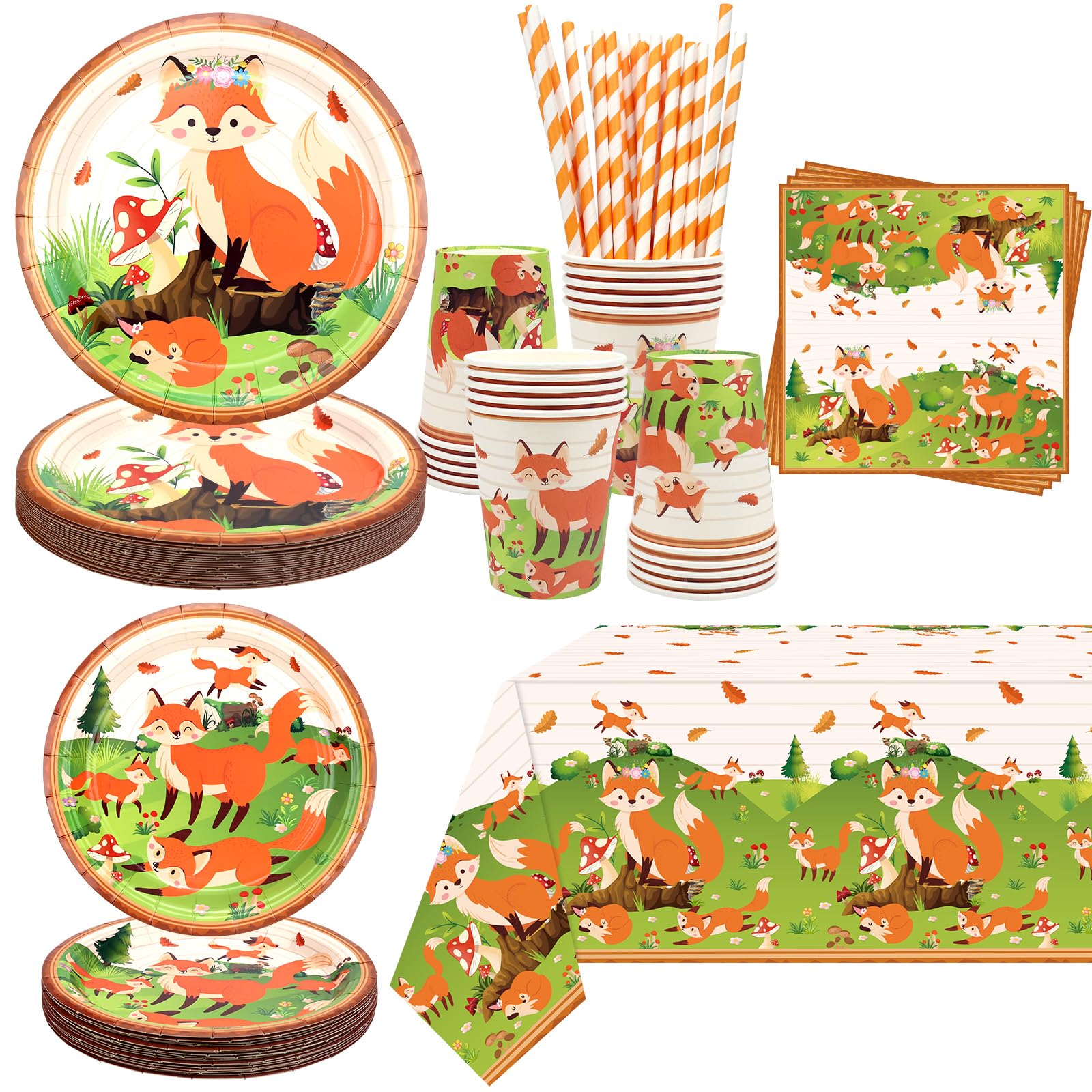 Fox Birthday Party Supplies, Includes Plates, Napkins, Cups, Straws, Tablecloths, for Girl Boy Fox Theme Baby Shower Birthday Party Decorations