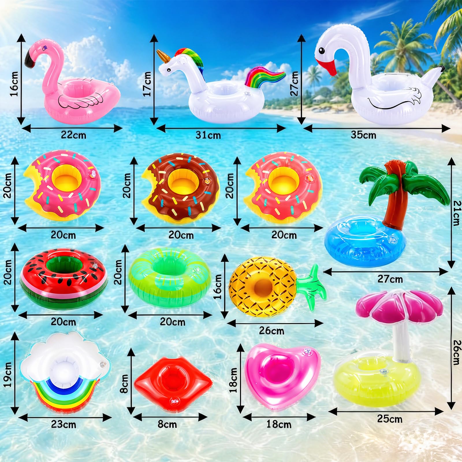 Getränkehalter Pool, 15 Stück Getränkehalter Aufblasbare, Aufblasbar Schwimmender Flaschenhalter mit 1 Luftpumpe, Flamingo Palme Pool Party Deko, SchwimmendGetränkehalter für Sommer Beachparty Hawaii