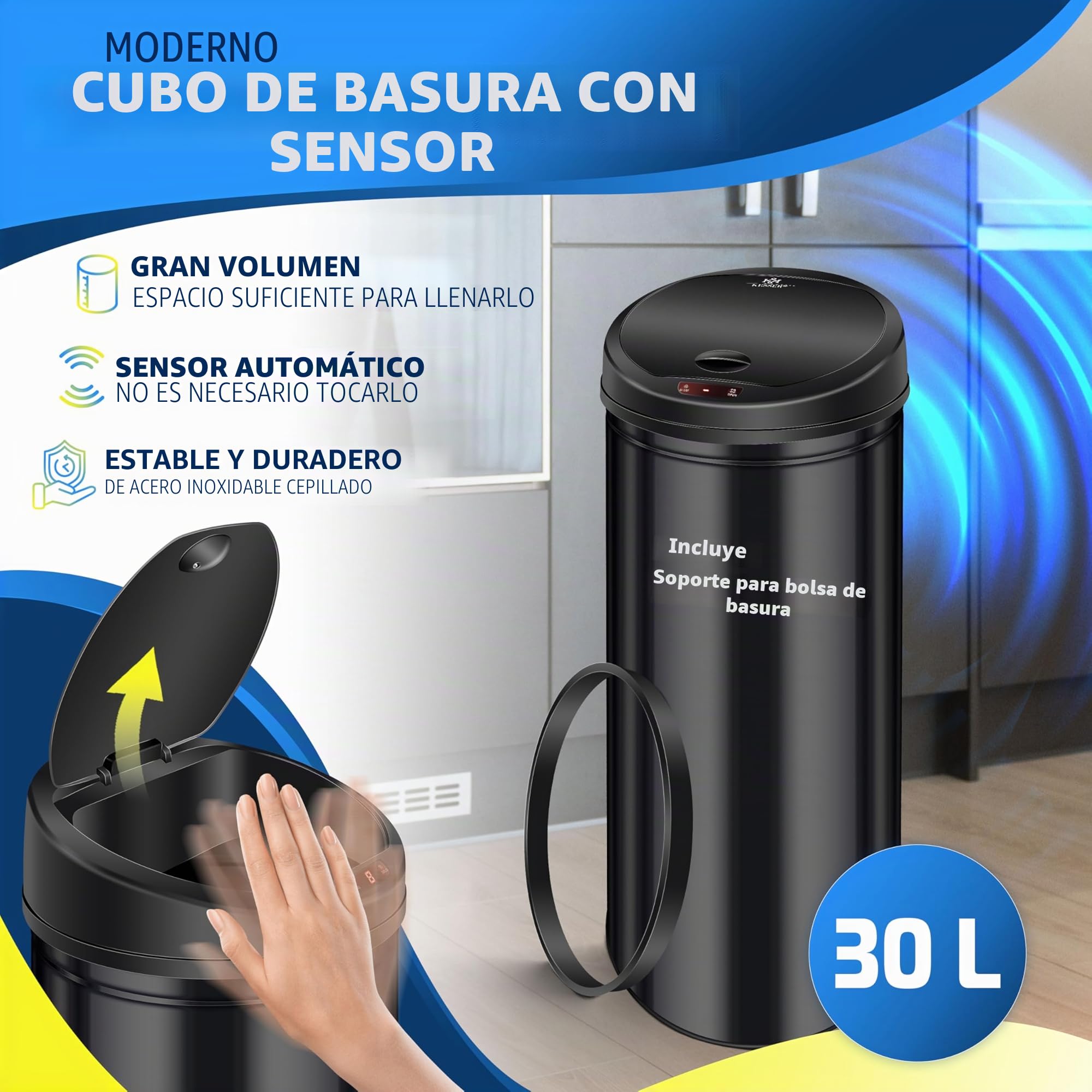 KESSER® Cubo de basura con sensor ✓ Automático ✓ Papelera de basura ✓ Basura | ACERO INOXIDABLE | Color: NEGRO | Tamaño: 30 L