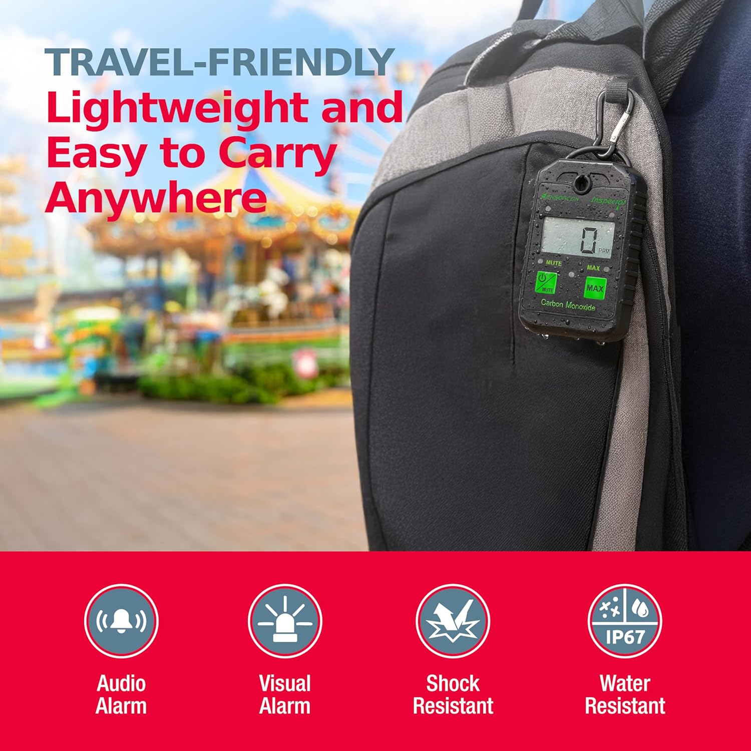 Hand holding Sensorcon Inspector CO Detector in a cafe setting