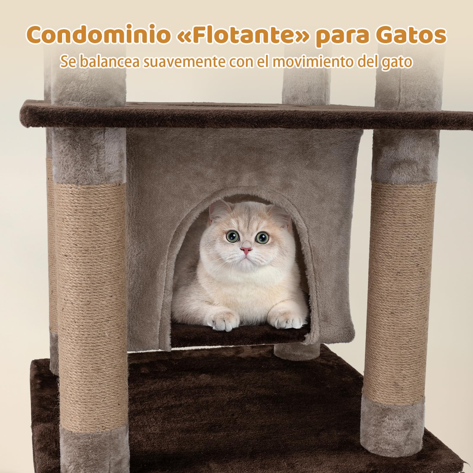 COSTWAY Rascador para Gatos Grandes, Árbol Rascador para Gatos Multinivel, Altura 148 cm con Condominio, Percha de Peluche, Postes Rascadores, Agujero, Pompón y Plataformas, Torre Gato de Interior