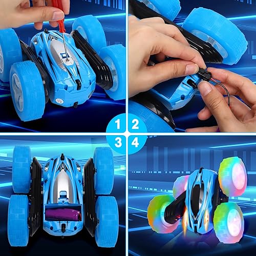 Miniatura 4 de Paquete de 2 juguetes de coche a control remoto para niños autos de acrobacias RC con luces de rueda 24 GHz deriva de alta velocidad 4WD todoterreno