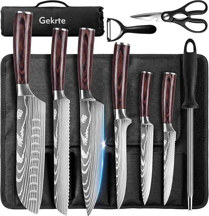 Kitchen Knife Set with Roll Bag, 9 Pieces High Carbon Stainless Steel Chef Knife Set, Ergonomic Handle Dishwasher Safe Knives Set for Kitchen，camping & outdoor BBQ