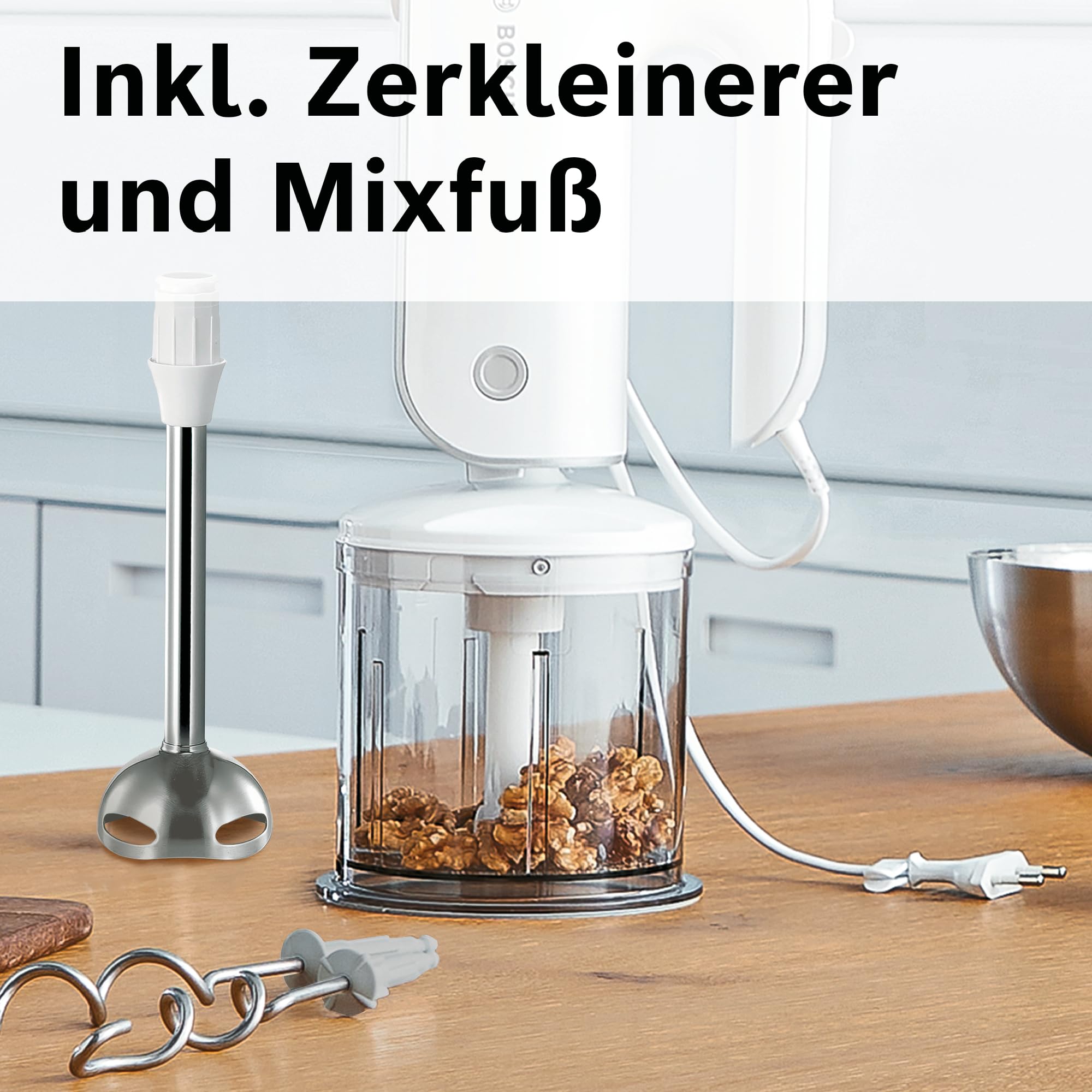 Bosch Handrührgerät, 2 Rührbesen, 2 Edelstahl-Knethaken, spülmaschinenfest, Zerkleinerer, Pürierstab, Mixbecher, 5 Stufen, Turbostufe, leicht, 500 W, weiß/silber, MFQ4080