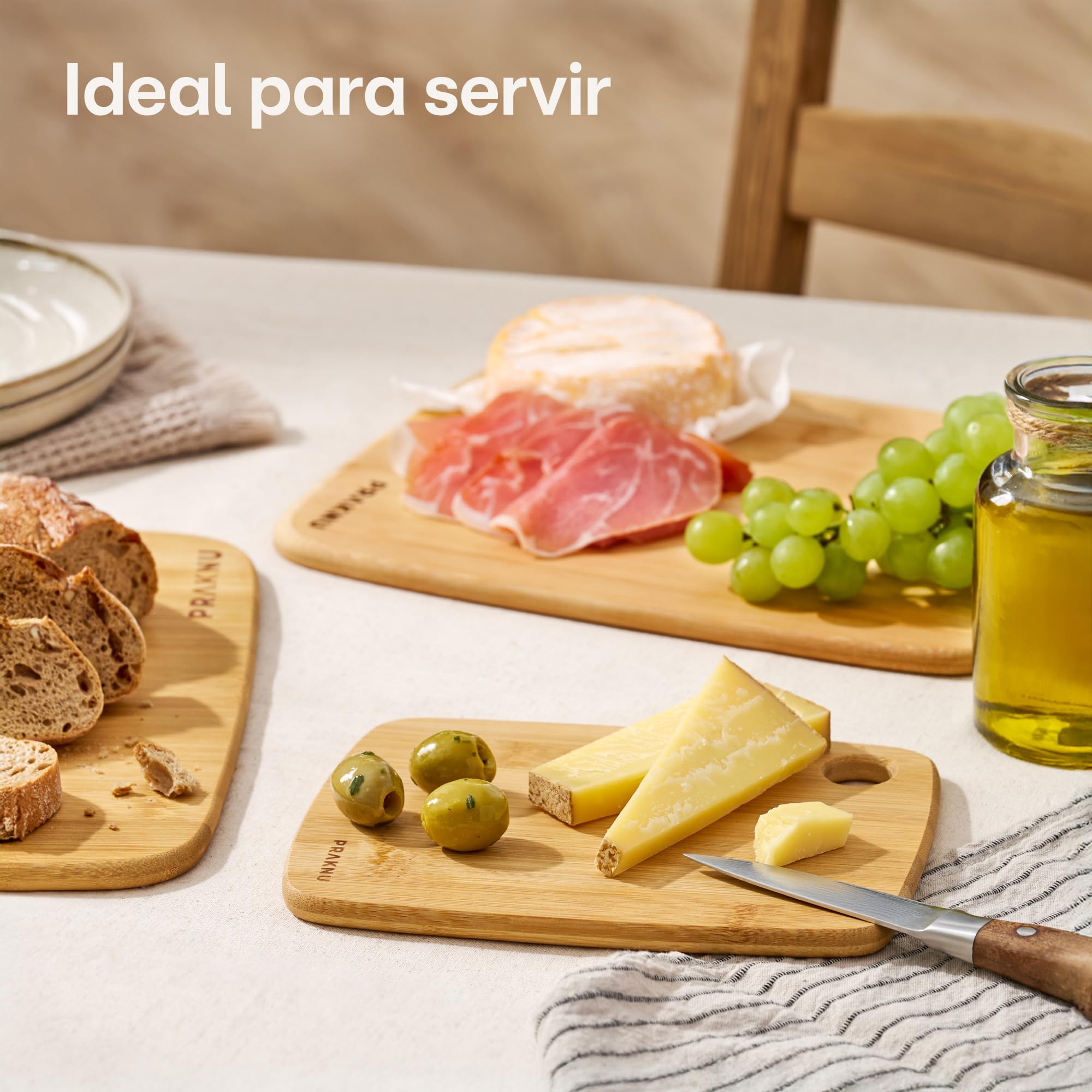 Praknu Tabla De Cortar Cocina Madera Bambú - Juego De 3 Piezas - Versátil y Robusta - Bambú FSC® Sostenible Para Verduras, Carne Y Pan - Varios Tamaños