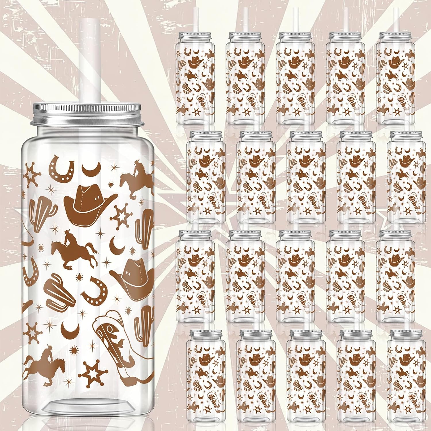 Hxezoc 20 Pack Plastic Western Cowboy Cups with Lid and Straw Clear Reusable Party Plastic Cups 14.2 oz Cowboy Party Gifts for Western Birthday Decoration Supplies - Image 3