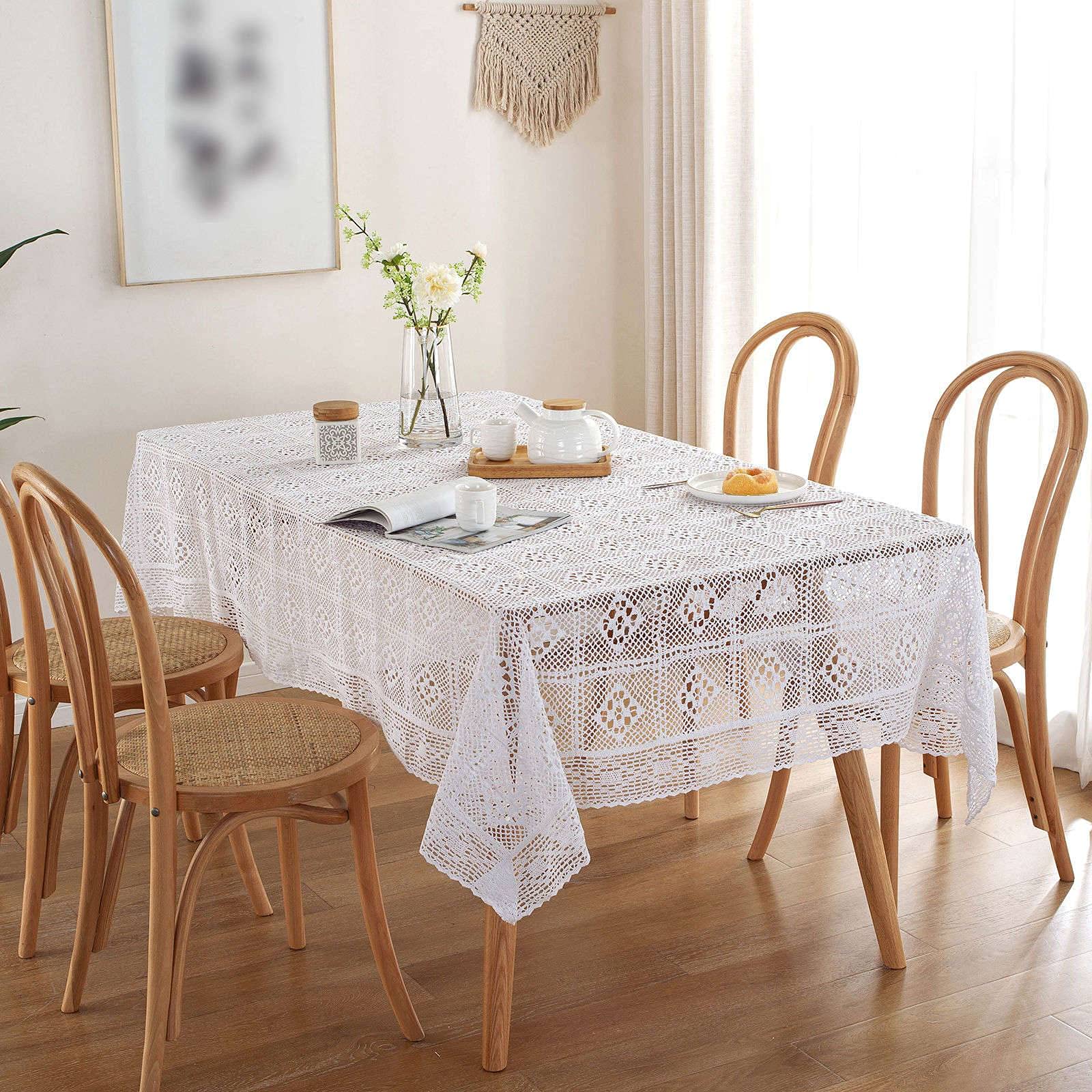 Szydełkowy Koronkowy Obrus Ręcznie Robiona Pusta Siatka Pyłoszczelny Prostokątny Narzut Na Stół W Formie Bufetu Wedding Party Table Protector, White, 140X220cm(55X86in)