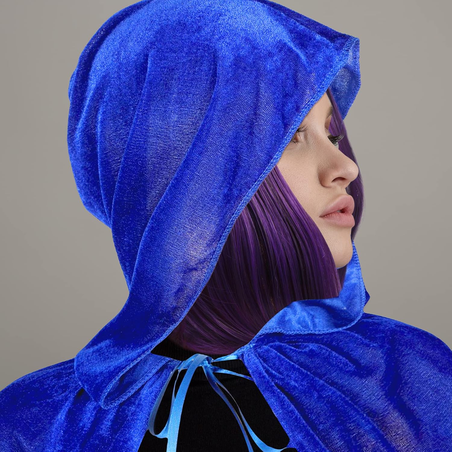 Haysandy Halloween Women Witch Costumes Set Blue Robe Cloak Purple Short Straight Wig 59 Inches Velvet Cape Purple Wig for Halloween Cosplay Party