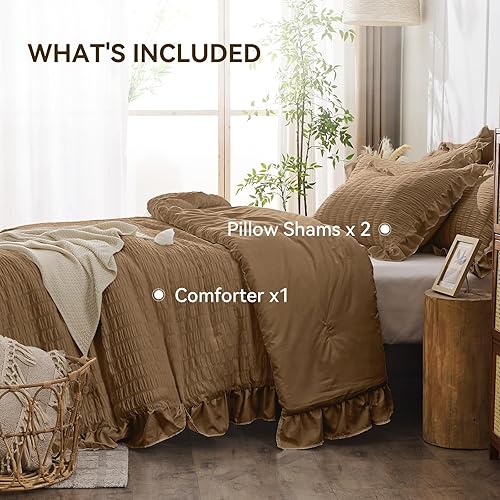 Miniatura 208 de JOLLYVOGUE - Juego de edredón tamaño queen, de 3 piezas, estilo seersucker, ligero y esponjoso para todas las estaciones, con 1 edredón con volantes