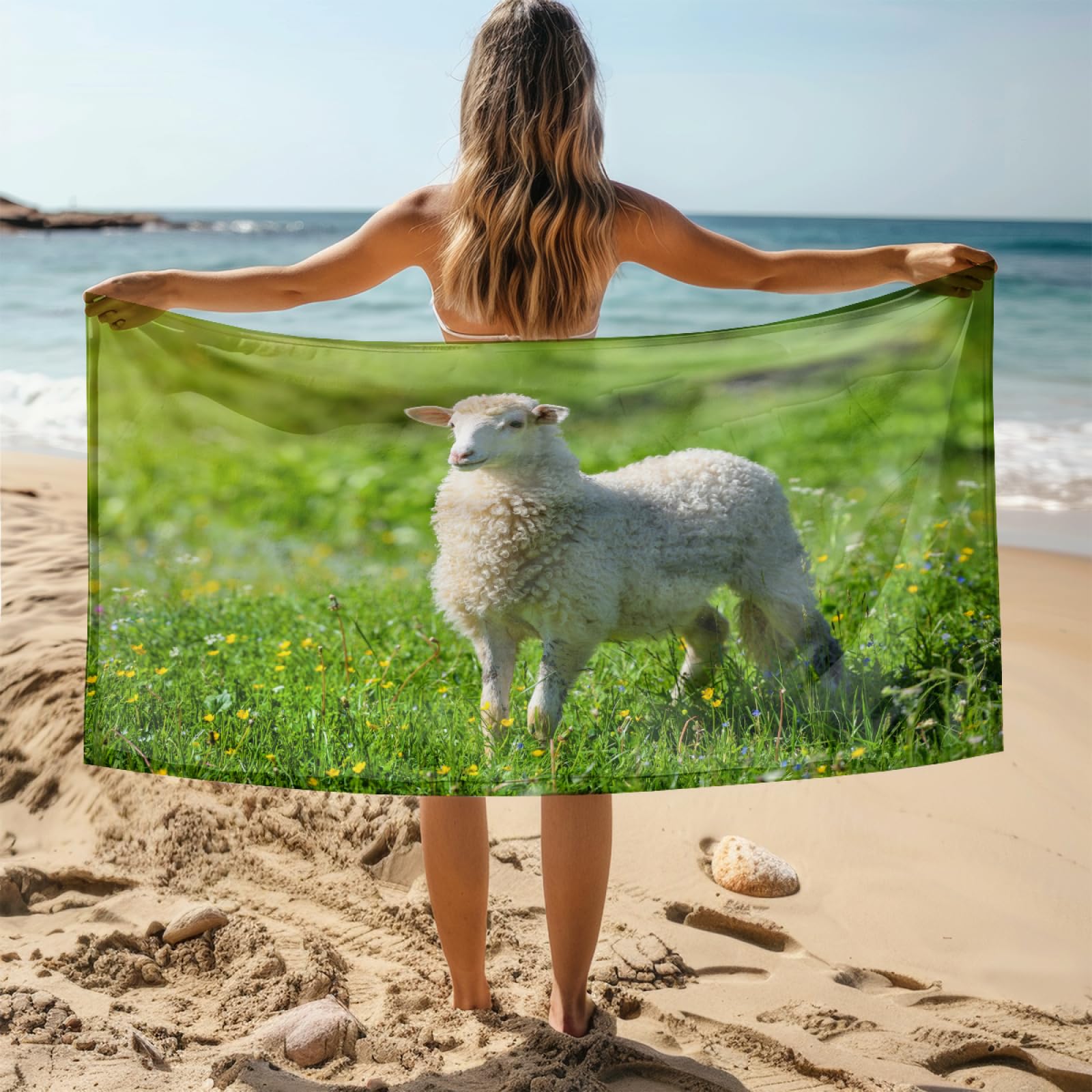 Serviette de Plage Moutons Verts Herbe Serviette de Bain Sport Piscine Toilette Microfibre Piscine Anti Sable Drap de Plage Bain xxl Ultraléger Portable Towel Absorbant Séchage Rapide 200x220cm