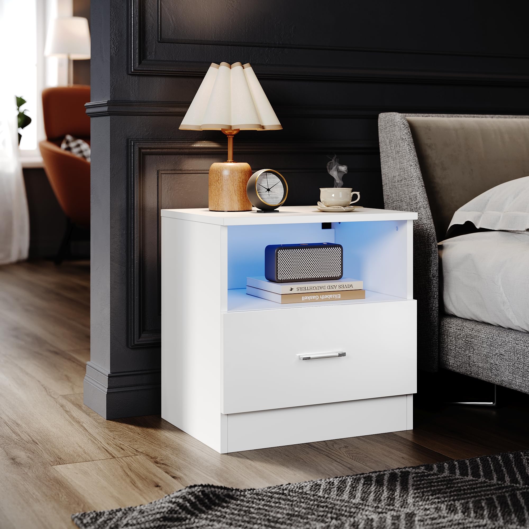 ELEGANT Bedside Table with LED Lights, High Gloss White Bedside Cabinet with 1 Drawer and Open Compartment for Bedroom Living Room, W450 x D350 x H465mm — image 1
