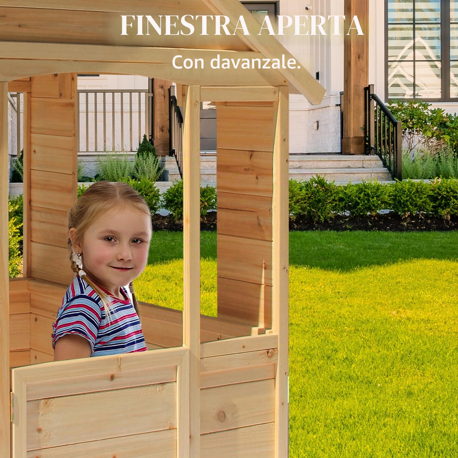 Casetta giocattolo per bambini all'aperto, casetta giocattolo in legno in stile rustico con lavandino, finestre, porta da lavoro, pentole, casetta da gioco per esterni, cortile, terrazza (naturale)