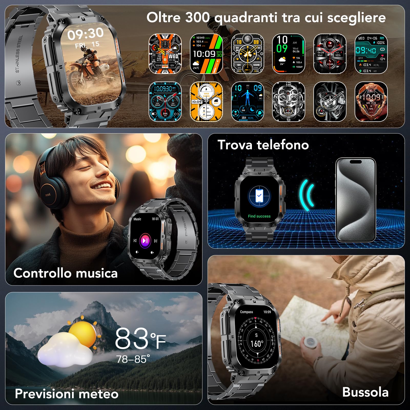 MEGALITH Smartwatch Uomo Chiamate Whatsapp: Orologio da Polso Android iOS Compatibile - Fitness Tracker Smart Watch Contapassi Nero