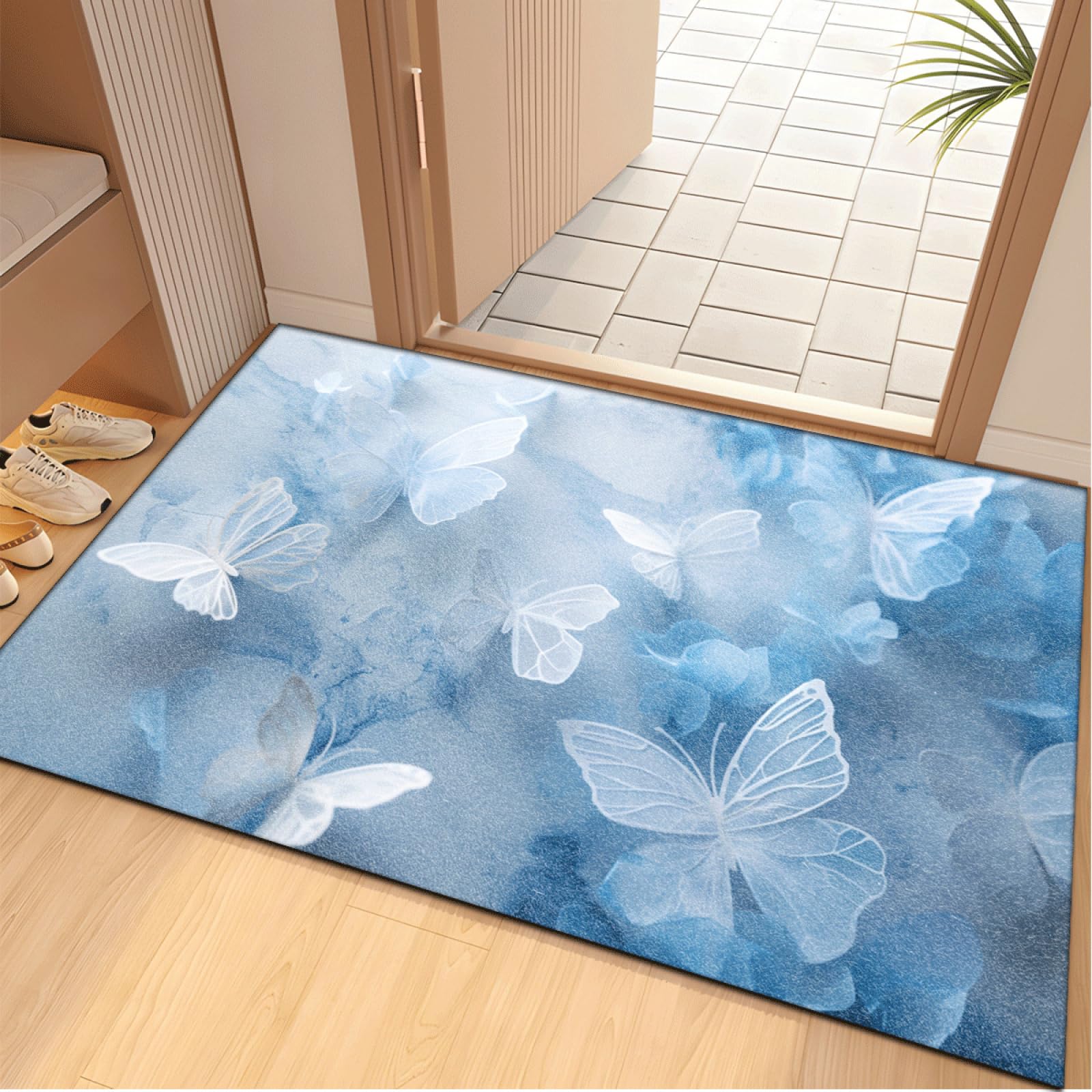 Fussmatte Innen 80x120 cm Retro Blauer Schmetterling Fussmatte Aussen rutschfeste für Hund Eingang Badematte Waschbar Schmutzfangmatte Strapazierfähige und Langlebige Fussmatten Haustür
