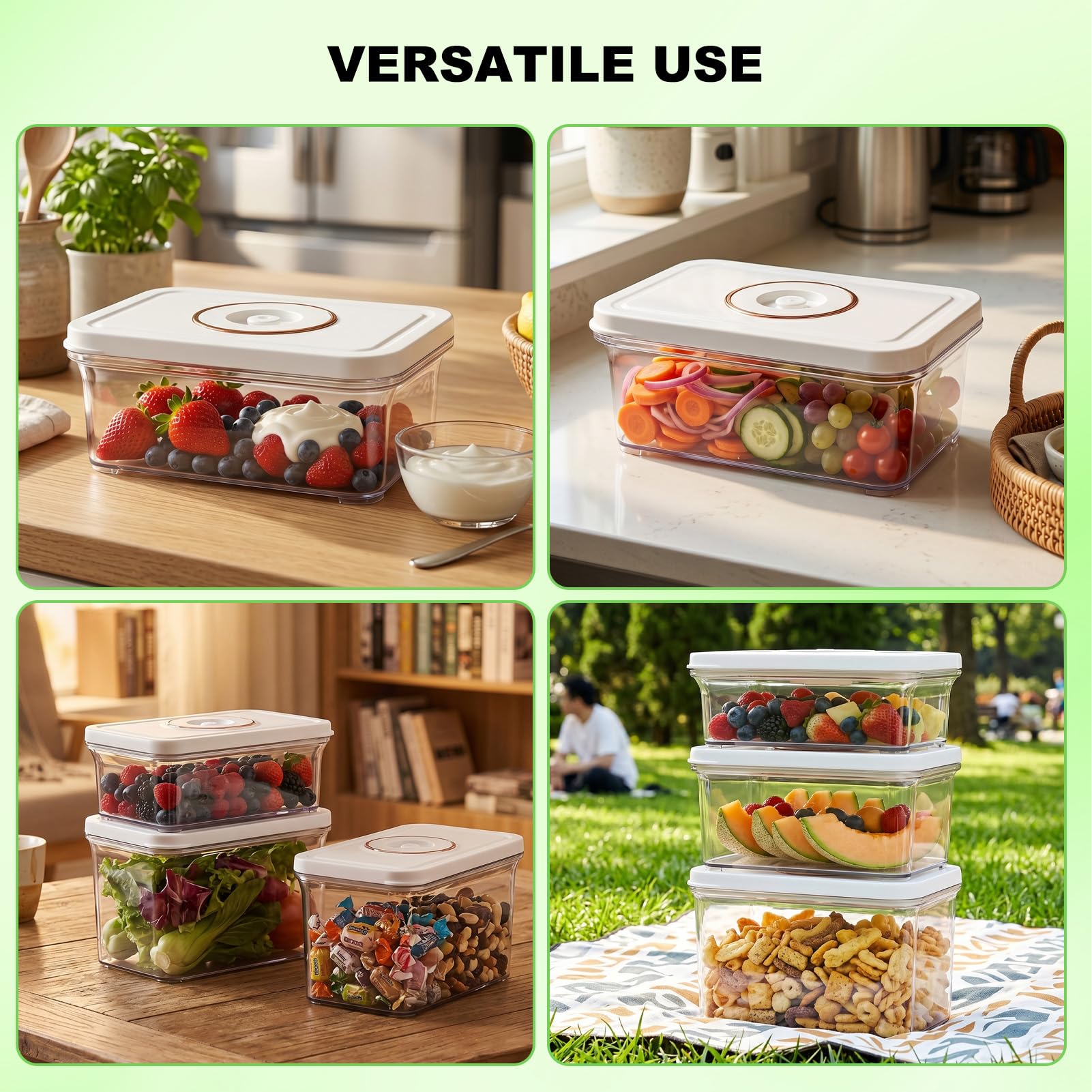 Set di 3 contenitori riutilizzabili ermetici e rettangolari, da 850 ml, 1300 ml e 1800 ml, con coperchi per sottovuoto frutta e verdura in frigorifero