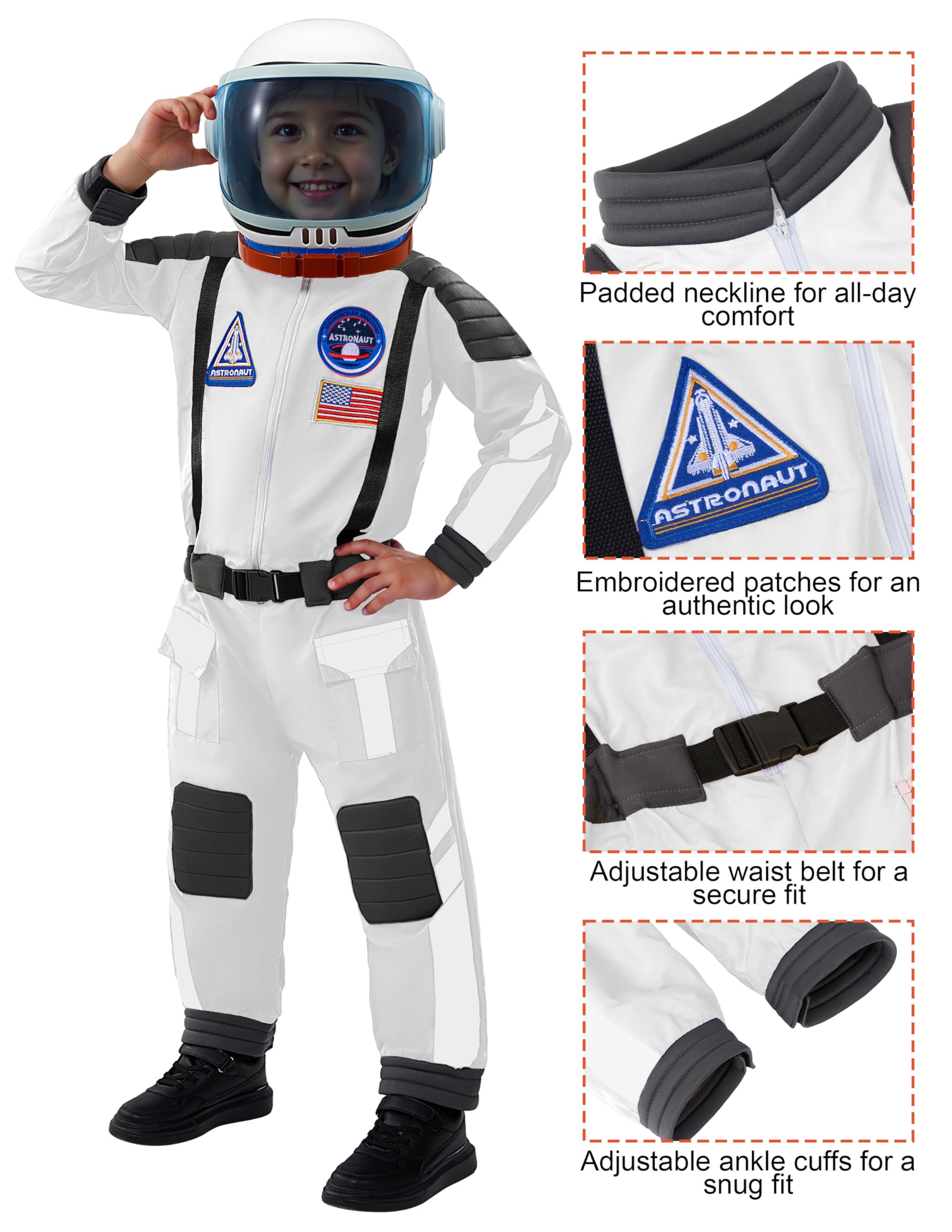 Spooktacular Creations Kostium astronauty z kaskiem, kostium astronauty w stylu vintage, kostium dla dzieci, przebranie lotnika dla dzieci, unisex, na imprezę tematyczną Halloween, biały, 3T