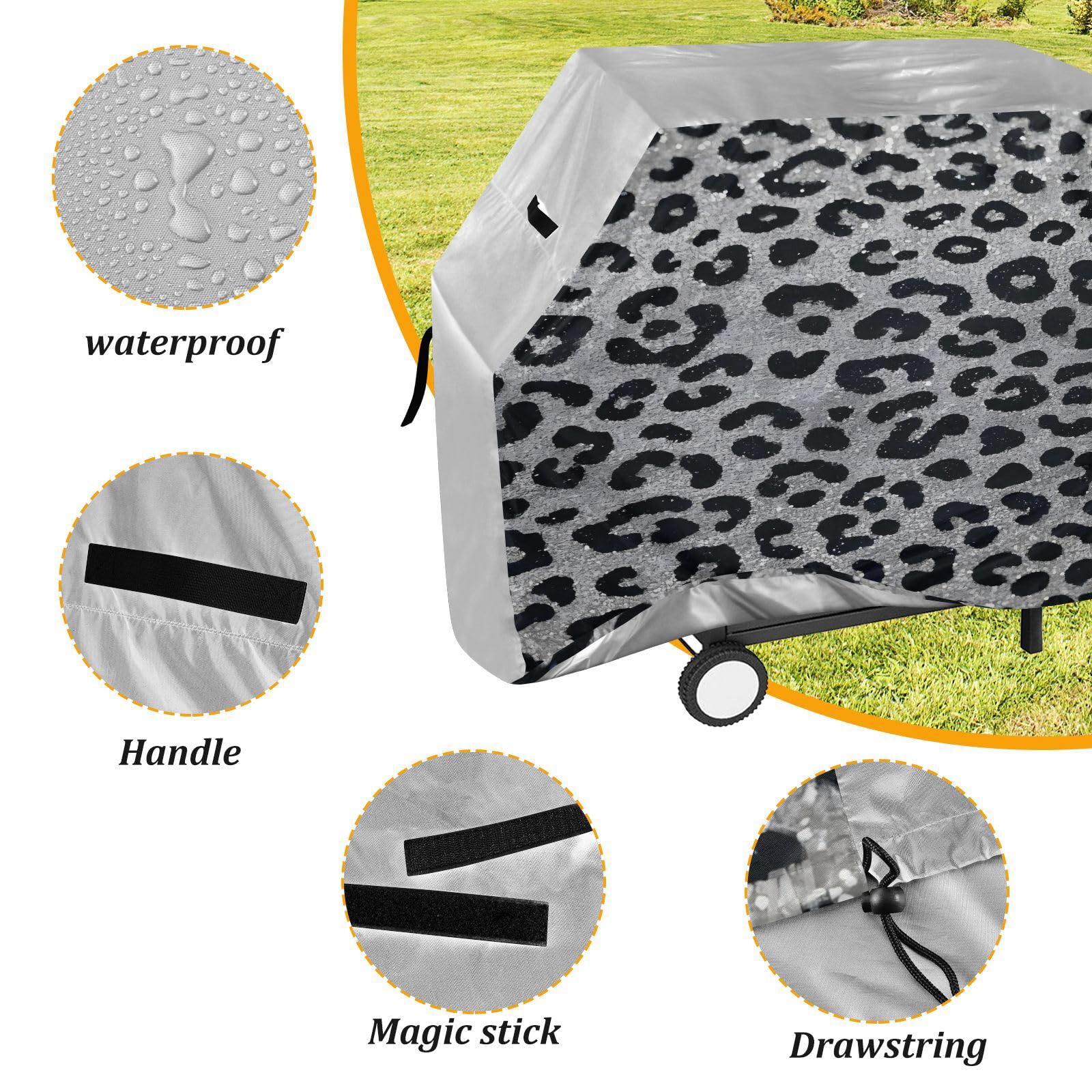 Pokrowiec na grilla na patio, 150 cm, wytrzymały, wiatroszczelny, na zewnątrz, patio, pokrowiec na grilla, sztuczny brokat, nadruk w panterkę, szary