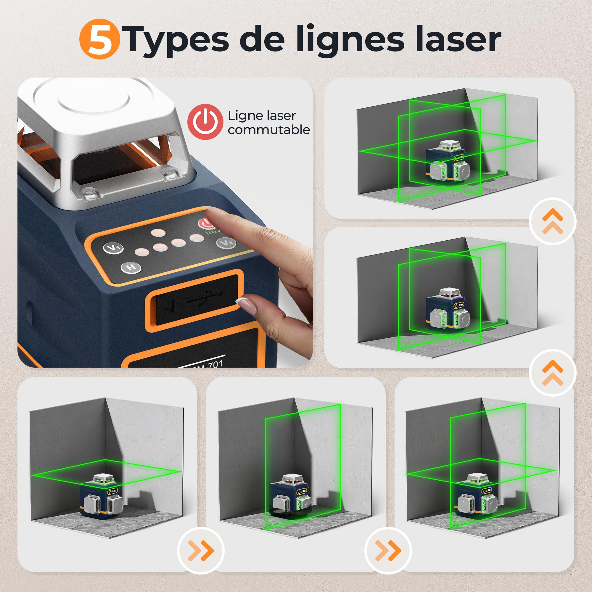 CIGMAN Niveau laser vert 3x360°, laser de chantier à nivellement automatique, distance 30m, 9 hours batterie Li-Ion, avec télécommande, support magnétique, trépied pivotant, sac de transport antichute
