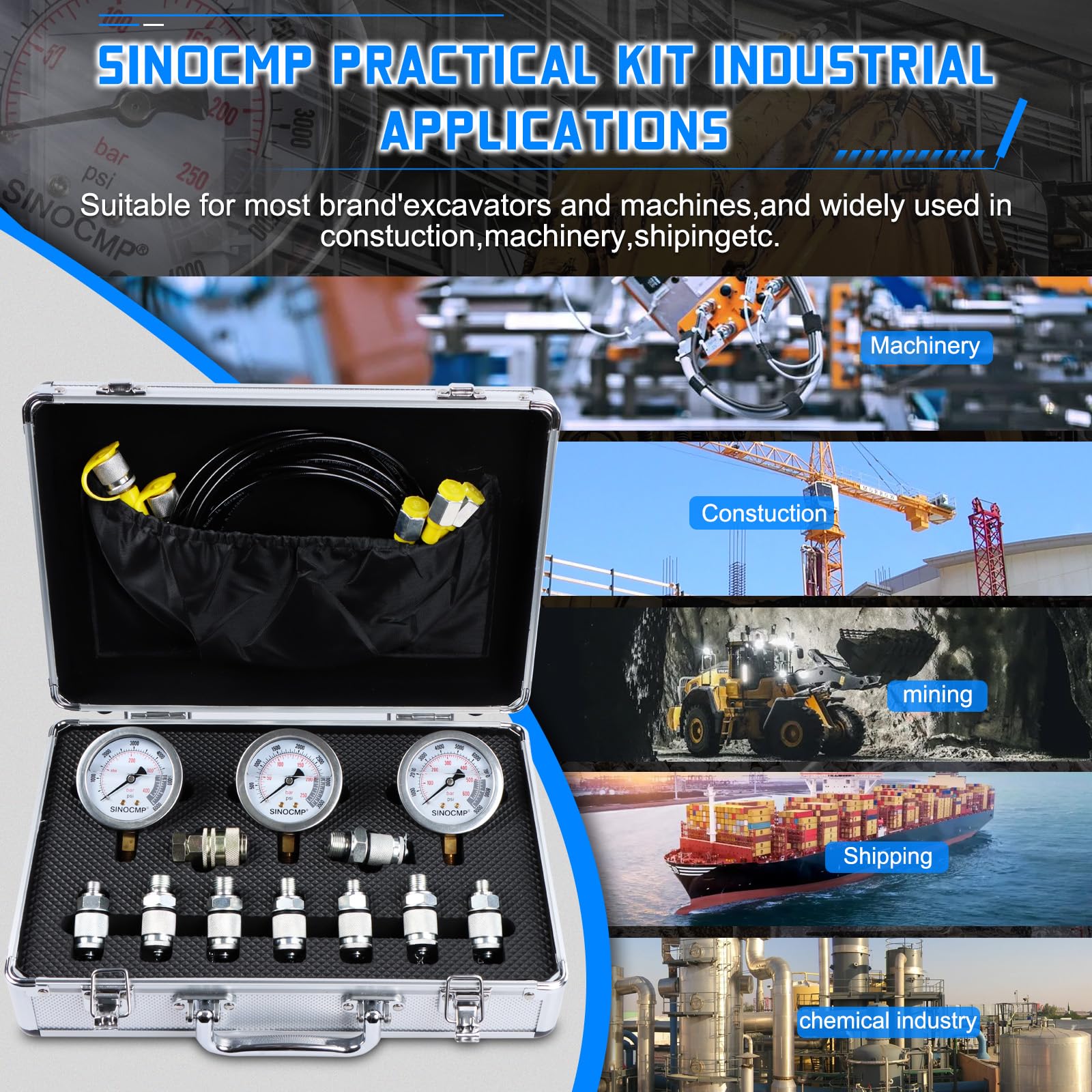 Kit de prueba de medidores de presión hidráulicos 4000/6000/10000PSI, 9 acoplamientos, 3 mangueras de prueba de 59 pulgadas, 1 caja de aluminio para maquinaria de construcción de excavadoras