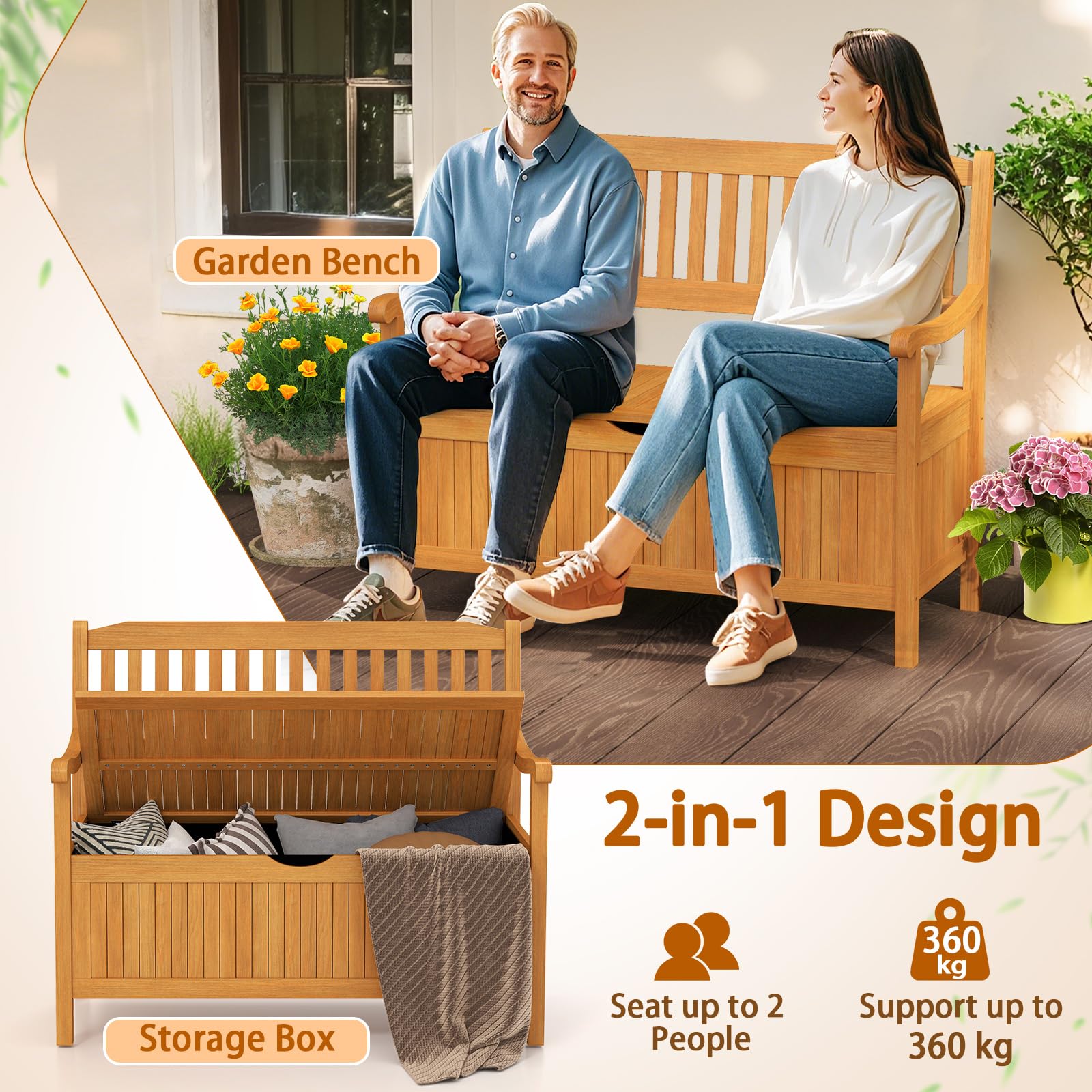 FANTASK Gartenbank Holz mit Stauraum, Aufbewahrungsbank für 2-Sitzer, Outdoor Balkonbank mit abnehmbarem Innensack bis 360kg belastbar, Natur