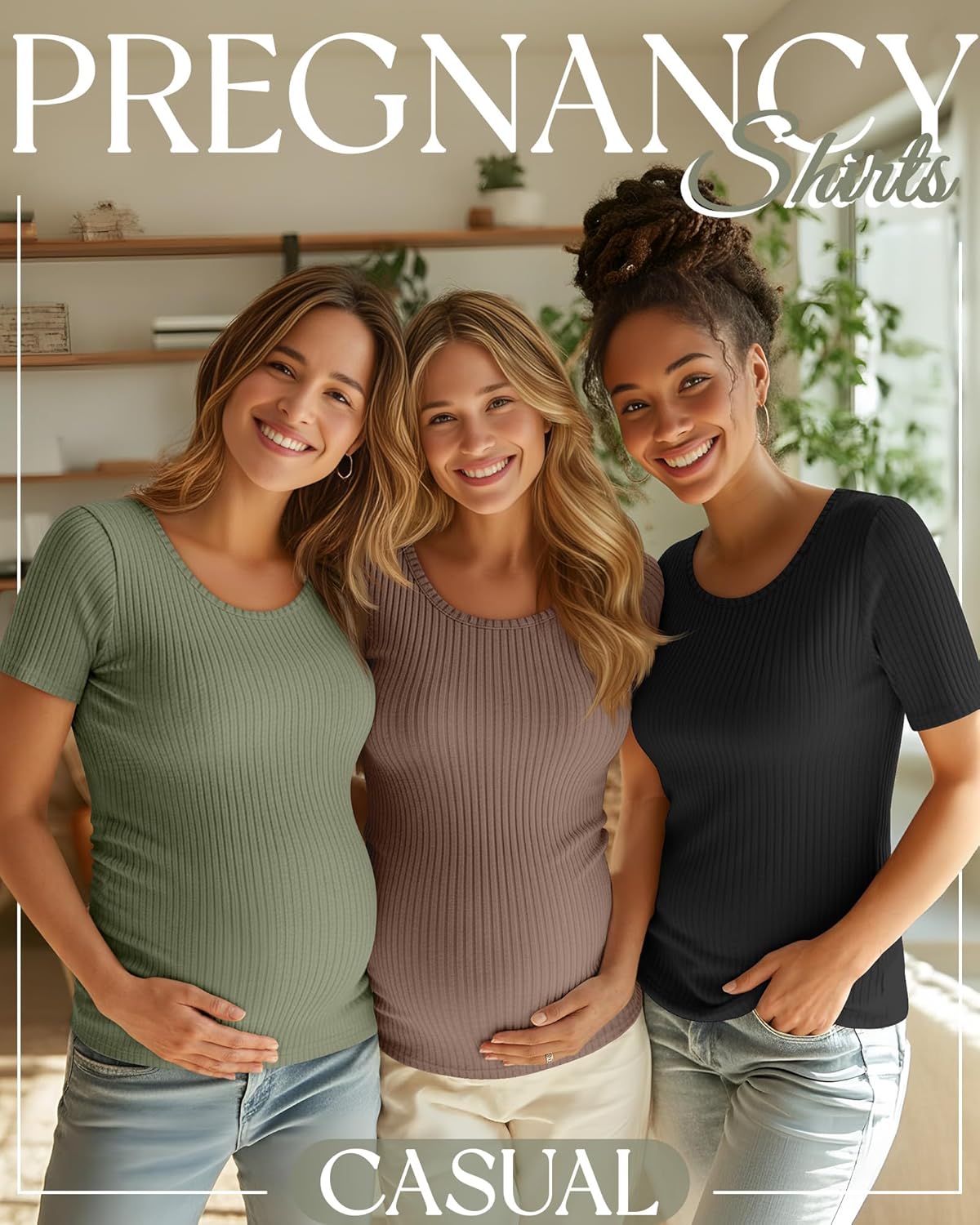 3 Pack Women's Maternity Shirts Short Sleeve Ribbed Pregnancy Tops Round Neck Casual Basic Tee Maternity Clothes - Image 3