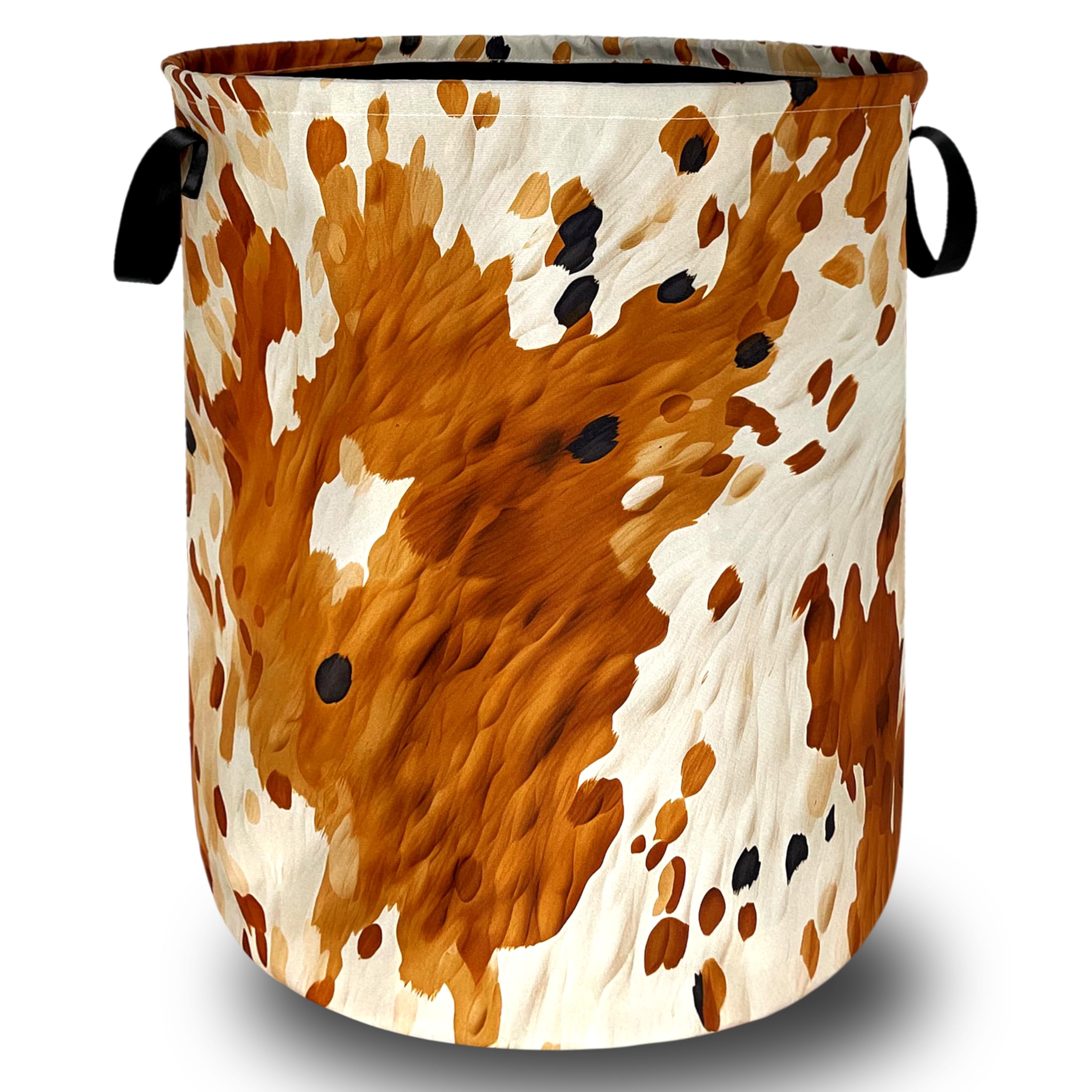 Brown Cowhide Laundry Basket Oxford Cloth Foldable Hamper 18.9x16.5 Inch