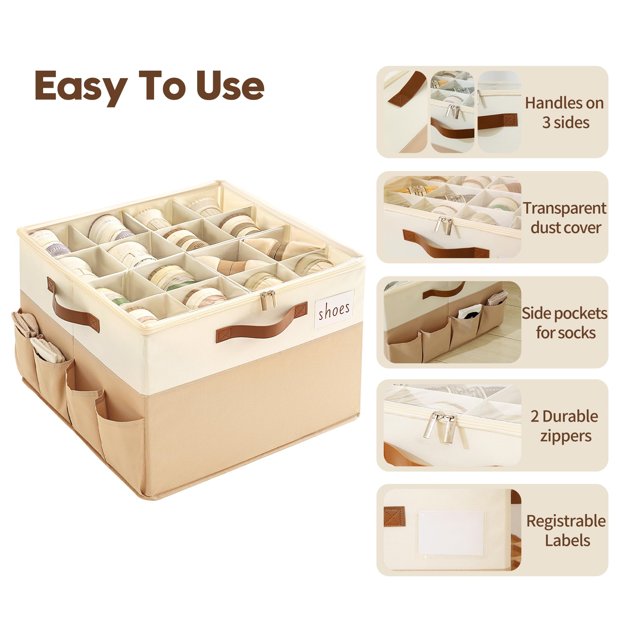 Varhomax Scatola organizer per scarpe, confezione da 2, in tessuto, con divisori regolabili e copertura trasparente, può contenere fino a 16-32 paia di scarpe da ginnastica e sandali per ingresso