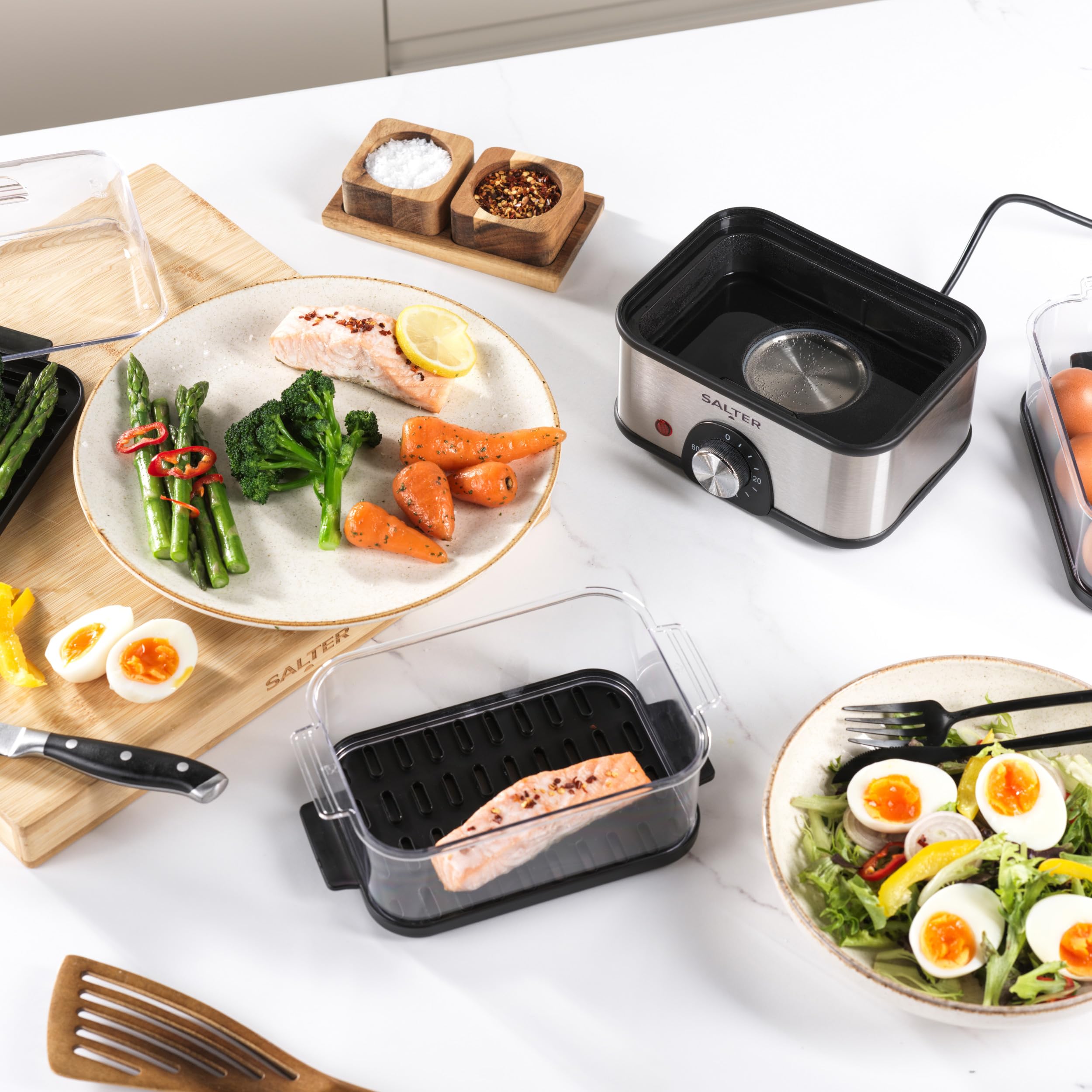 Salter Compact Vaporizador de Alimentos de 3 Niveles – Multi-Cooker, 3 Cestas para Vapor, Cocedor Eléctrico de Huevos, Capacidad para 8 Huevos, Vaporizador de Verduras, Temporizador de 60 Minutos