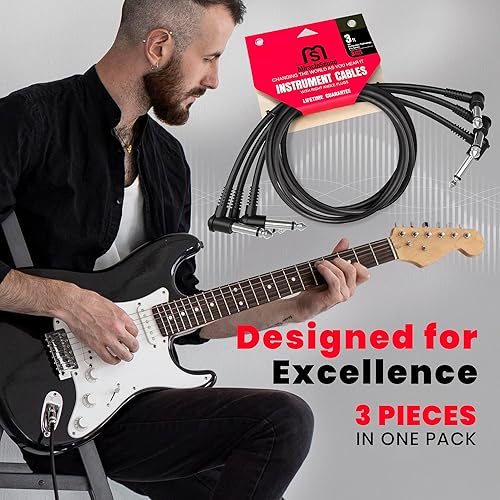 Miniatura 6 de Miracle Sound Cable de guitarra de 3 pies para efectos de pedalera con enchufe de ángulo recto, ideal para guitarra eléctrica y bajo, cable de
