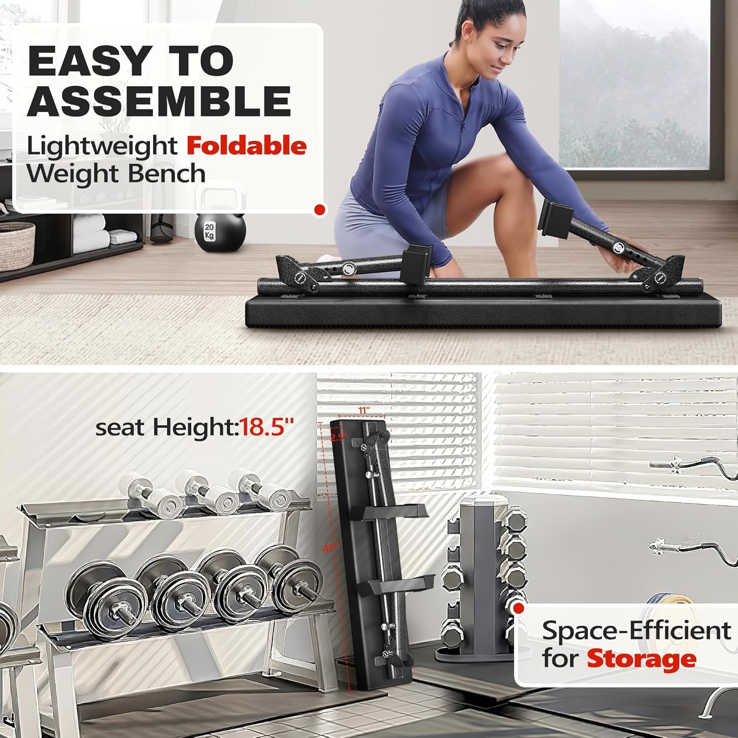 Weight Bench, Foldable Flat Bench with Gym Quality 1300 LBS Capacity | 5-level height, 2.5" thick cushion, sturdy T-Legs, compact storage flat bench for weight training and ab exercises, black