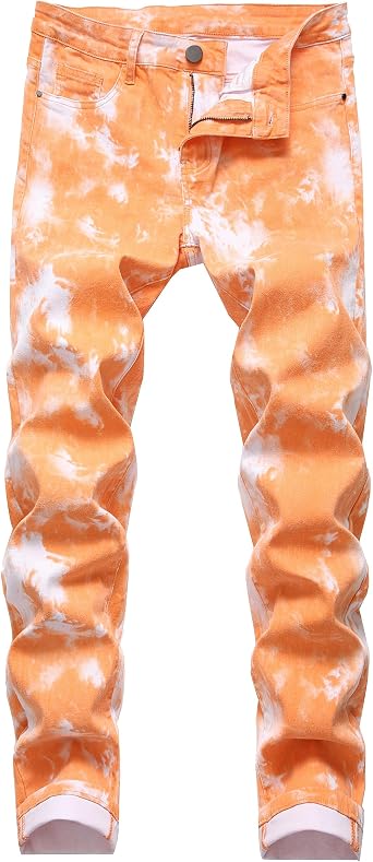 RANMCC Mens Printed Stretch Skinny Jeans - Premium Slim Fit Fashionable Designs Denim Pants Jeans Orange813-3, 28