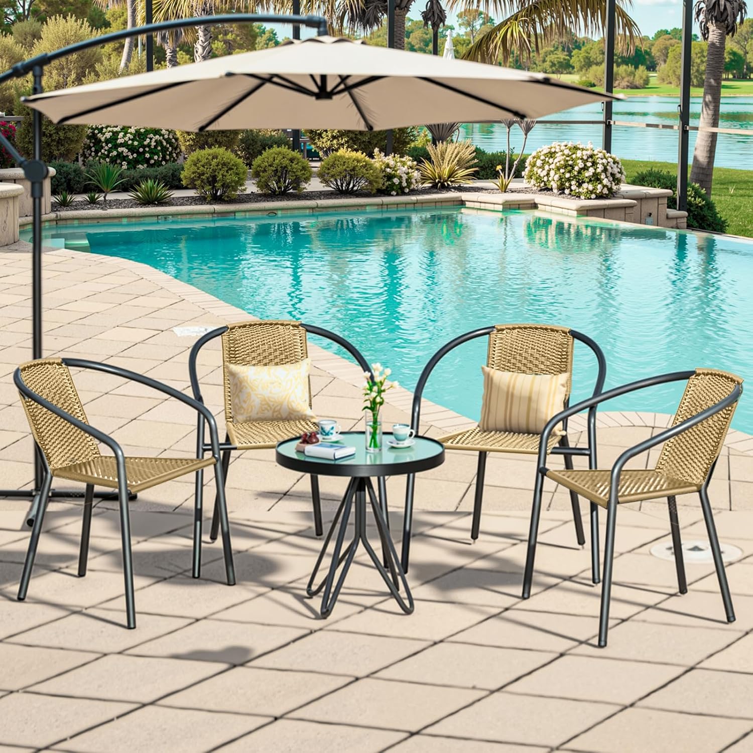 4 Pack Patio Stackable Rattan Chairs, Indoor-Outdoor Restaurant Bistro Wicker Dining All-Weather Armchair Stack Chair, Beige