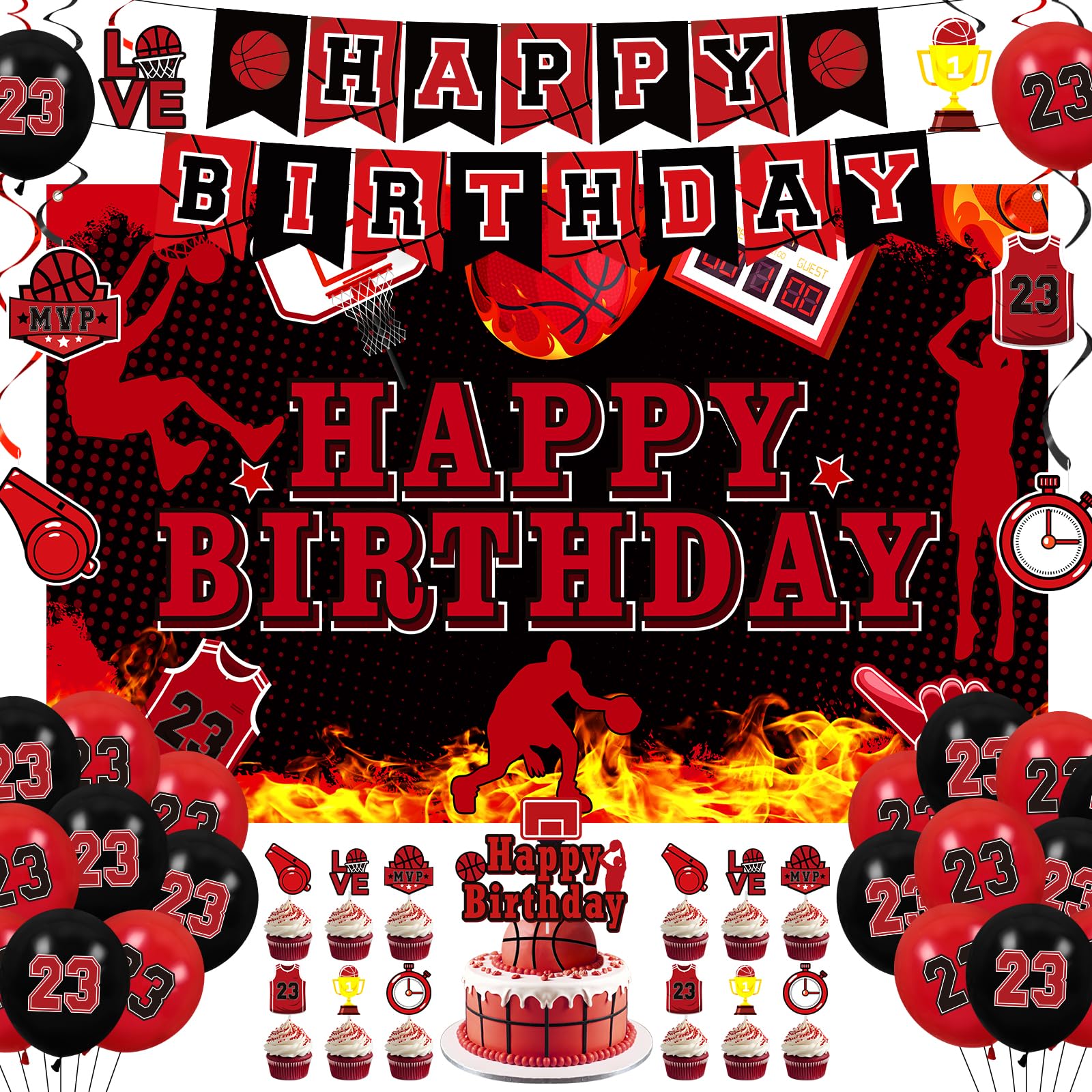 LUUFILx 51PCS Black Red Basketball Birthday Decorations