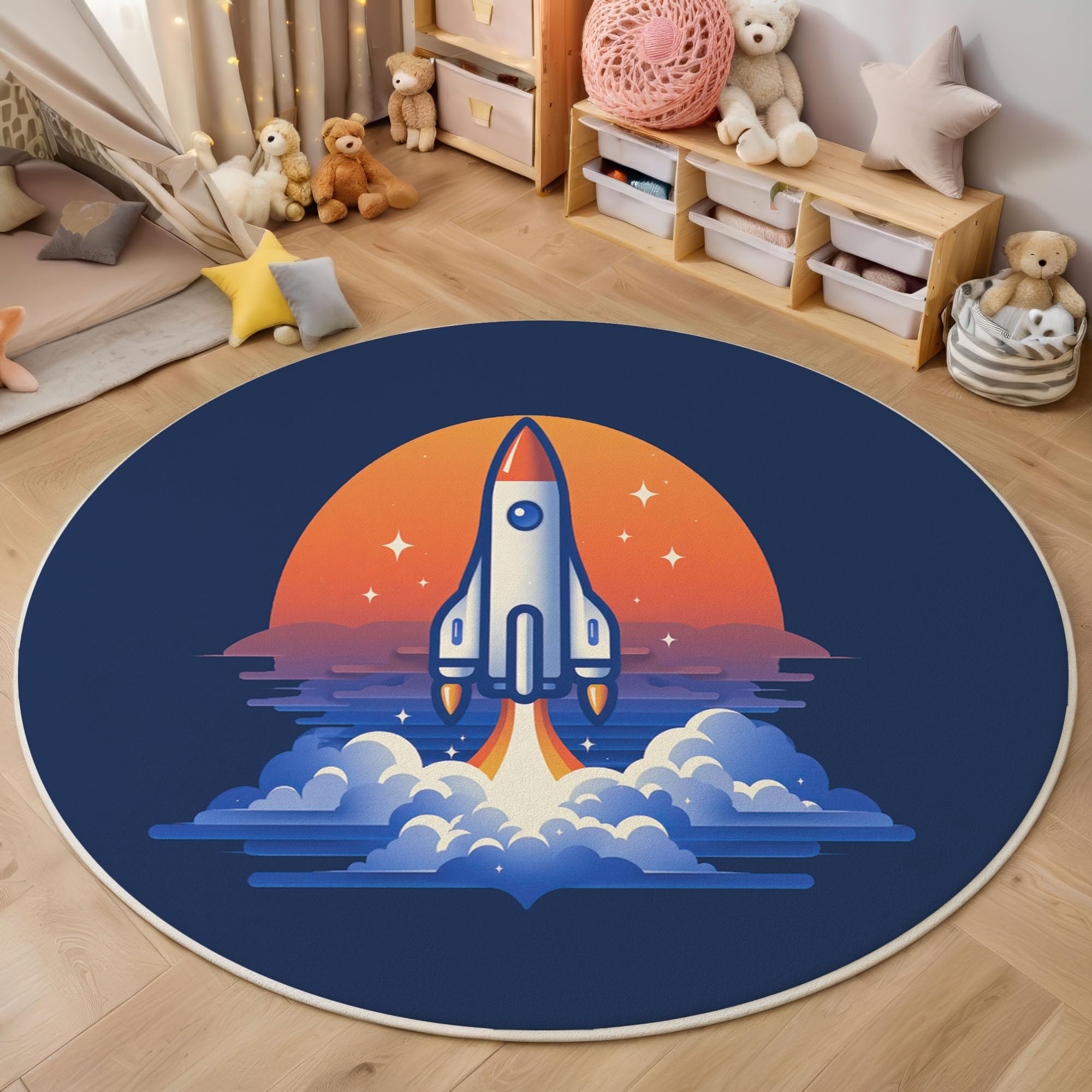 Tapis rond de chambre fusée mignonne bleu foncé 180 cm lavable