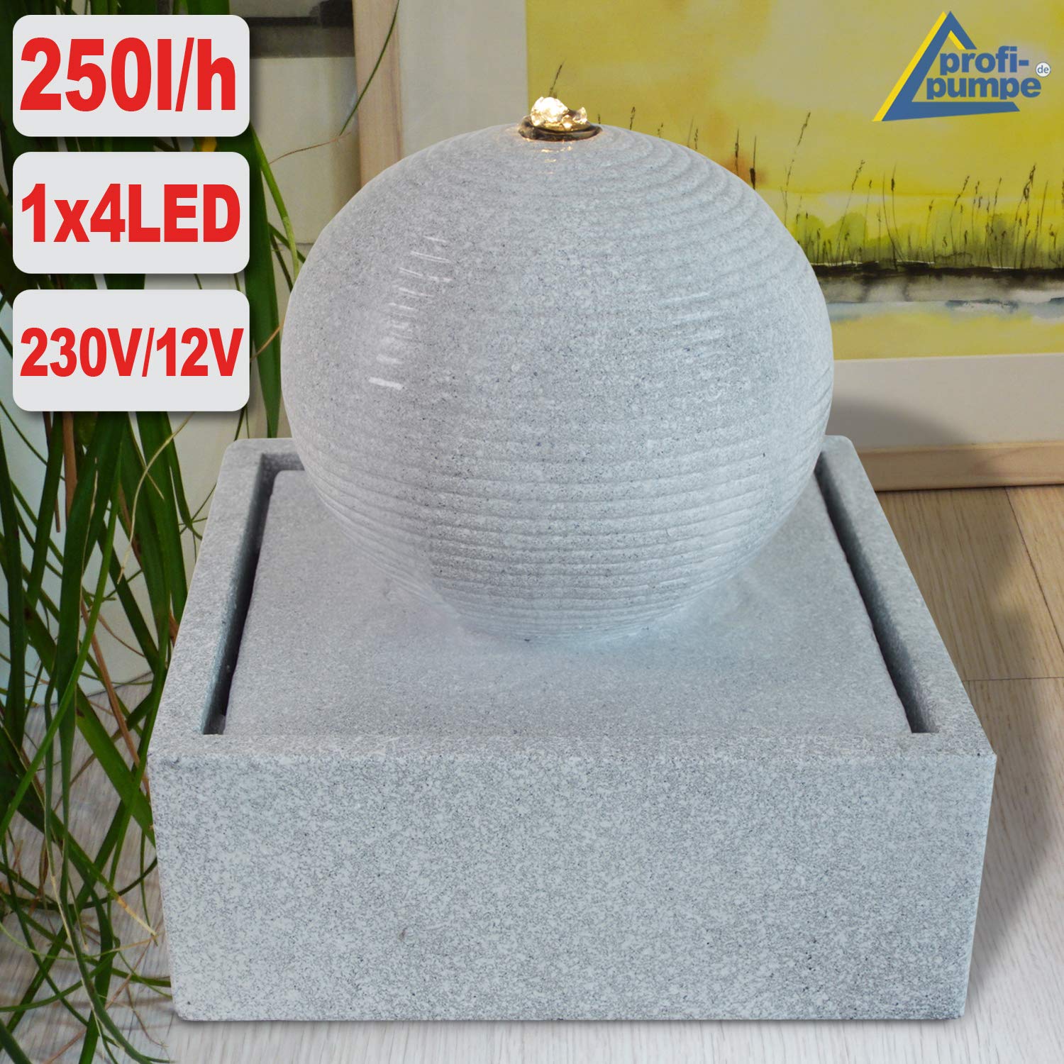 Fuente de Jardin Fuente de Agua esferica 230 V Fuente Decorativa para Jardin, terraza, Balcon con luz LED, Gris Claro