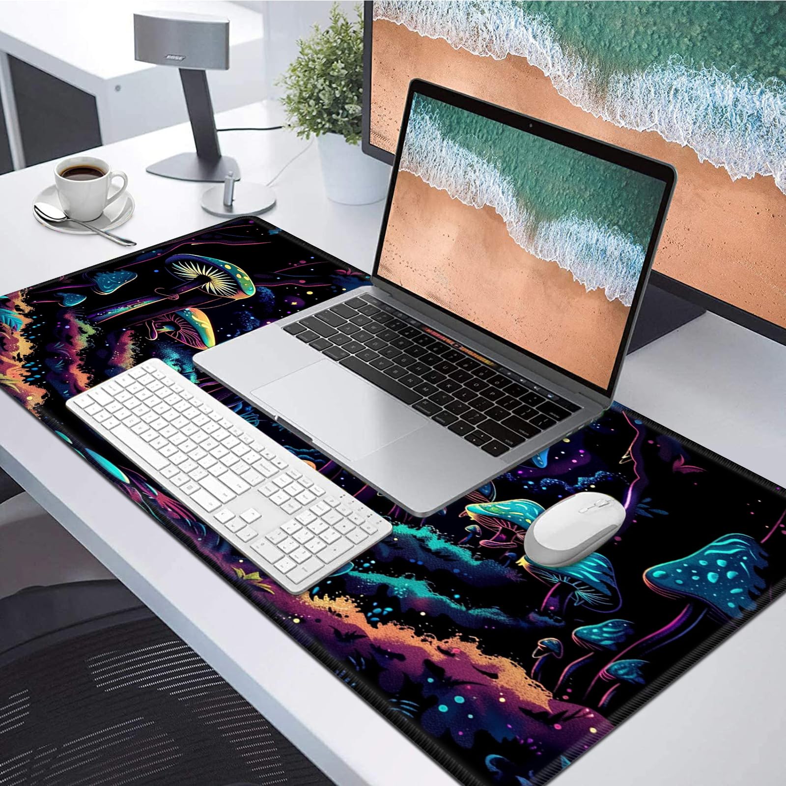 Large Desk Mat With Stitched Edges - 31.5"x11.8" Colorful Mushroom Pad For Gaming & Office (Waterproof)