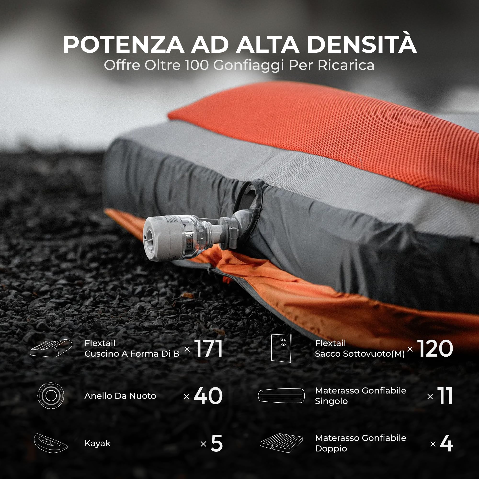 Pompa Aria Portatile FLEXTAILGEAR, Gonfiatore con Luce 5 Modalità, Silenzioso, Mini Pompa Elettrica per Materassini da Campeggio, Sacchetti Sottovuoto, Letti Gonfiabili e Giochi da Piscina