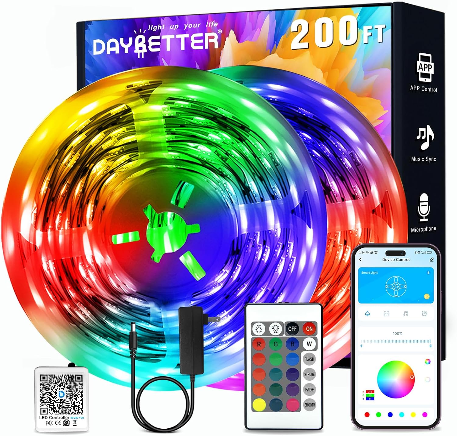 DAYBETTER Led Strip Lights 200 ft(2 Rolls of 100 ft) Smart Strips with App Control Remote, Led Lights for Bedroom, Music Sync Color Changing for Room Home Decor Party Festival