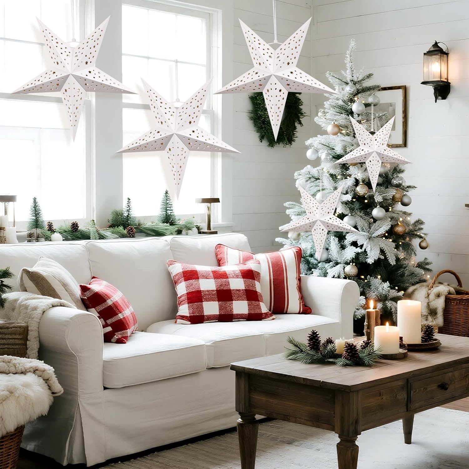 SUNBEAUTY Christmas Paper Stars, Openwork Design 5 Pointed 12 Inch White Color Hanging Paper Star Lanterns, Christmas Decorations Hanging Lamp for Indoor Xmas Tree, Yard, Home Decor Birthday