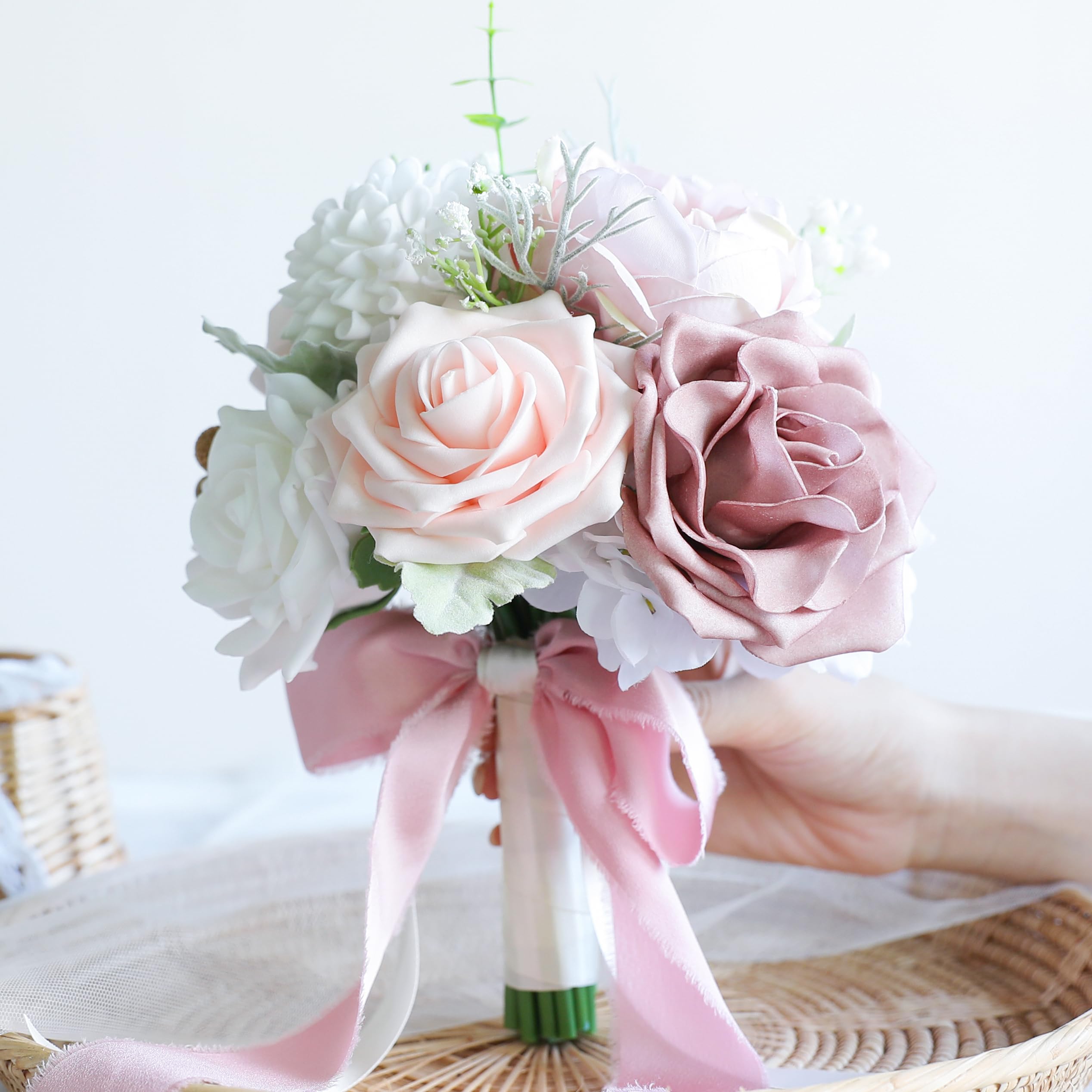 ponatia Dusty RoseWedding Bouquets for Bride Bridesmaid, Blush Pink Wedding Artificial Roses Flowers for Wedding Bouquets Ceremony, Anniversary (Dusty